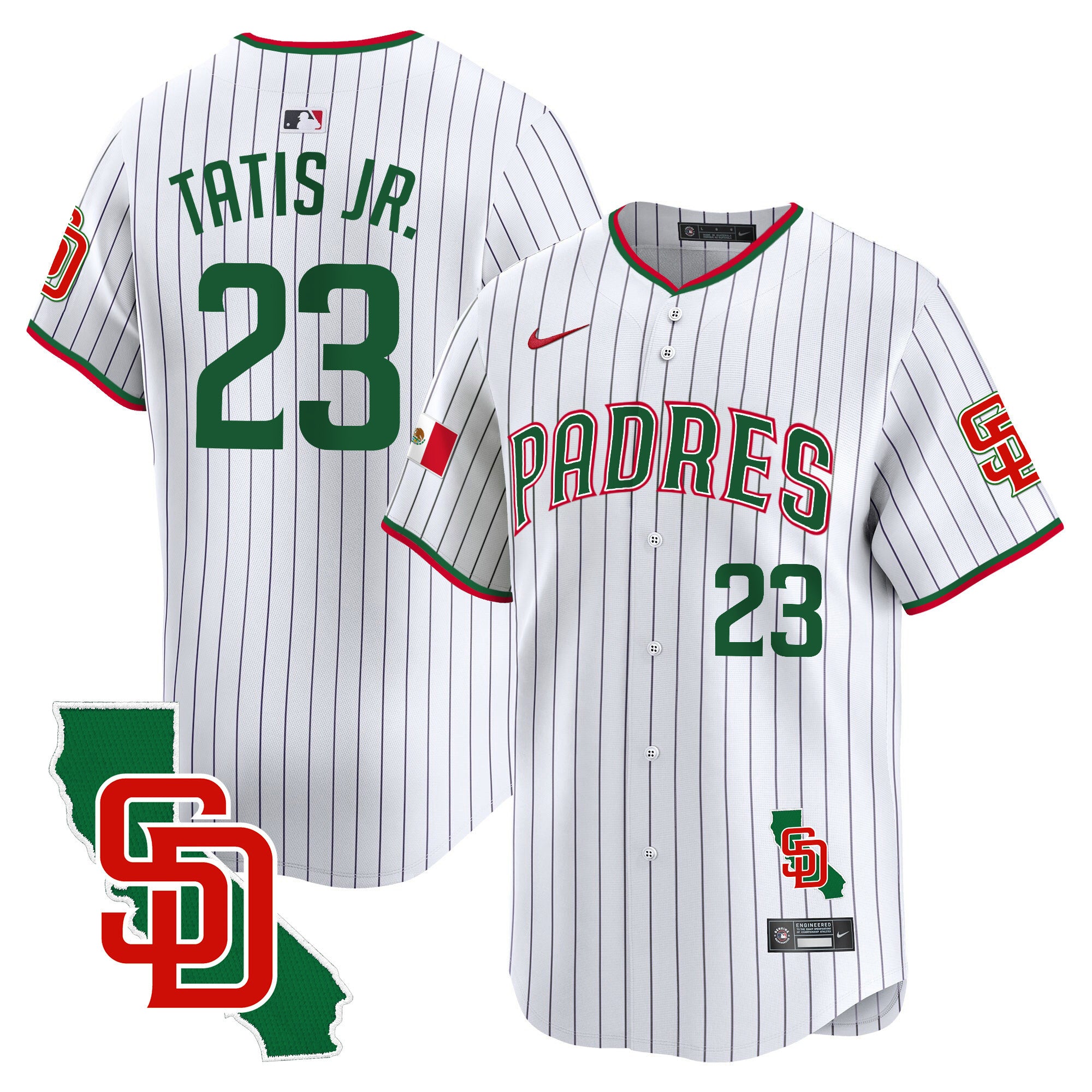 Men's Padres Mexico California Patch Vapor Premier Limited Jersey V5 - All Stitched - Pinstripe, Fernando Tatis Jr.