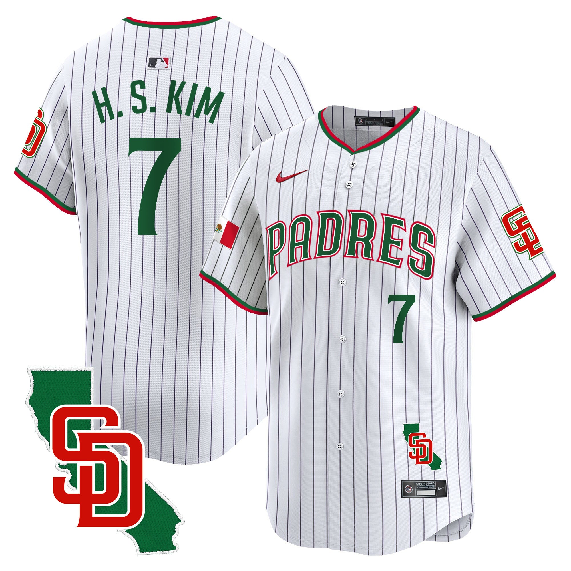 Men's Padres Mexico California Patch Vapor Premier Limited Jersey V5 - All Stitched - Pinstripe, Ha-Seong Kim