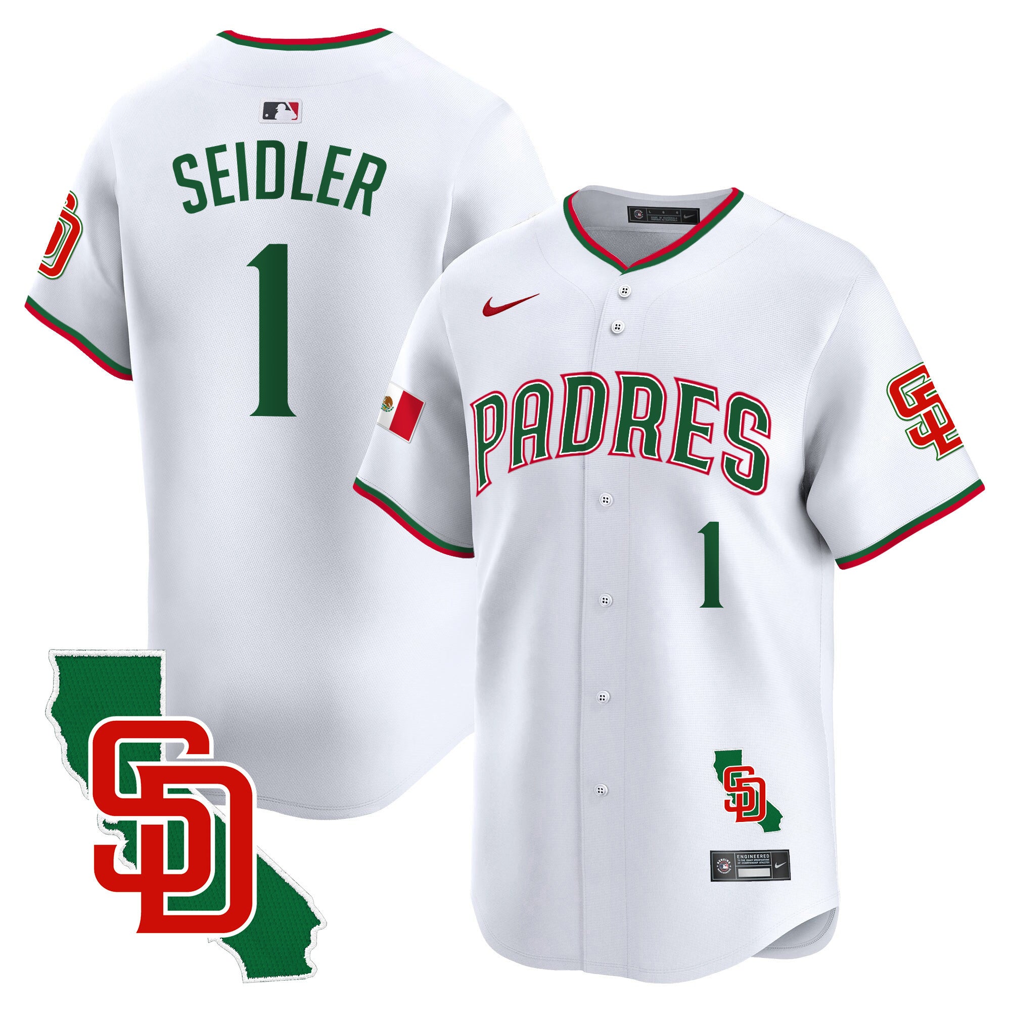 Men's Padres Mexico California Patch Vapor Premier Limited Jersey V5 - All Stitched - White, Peter Seidler