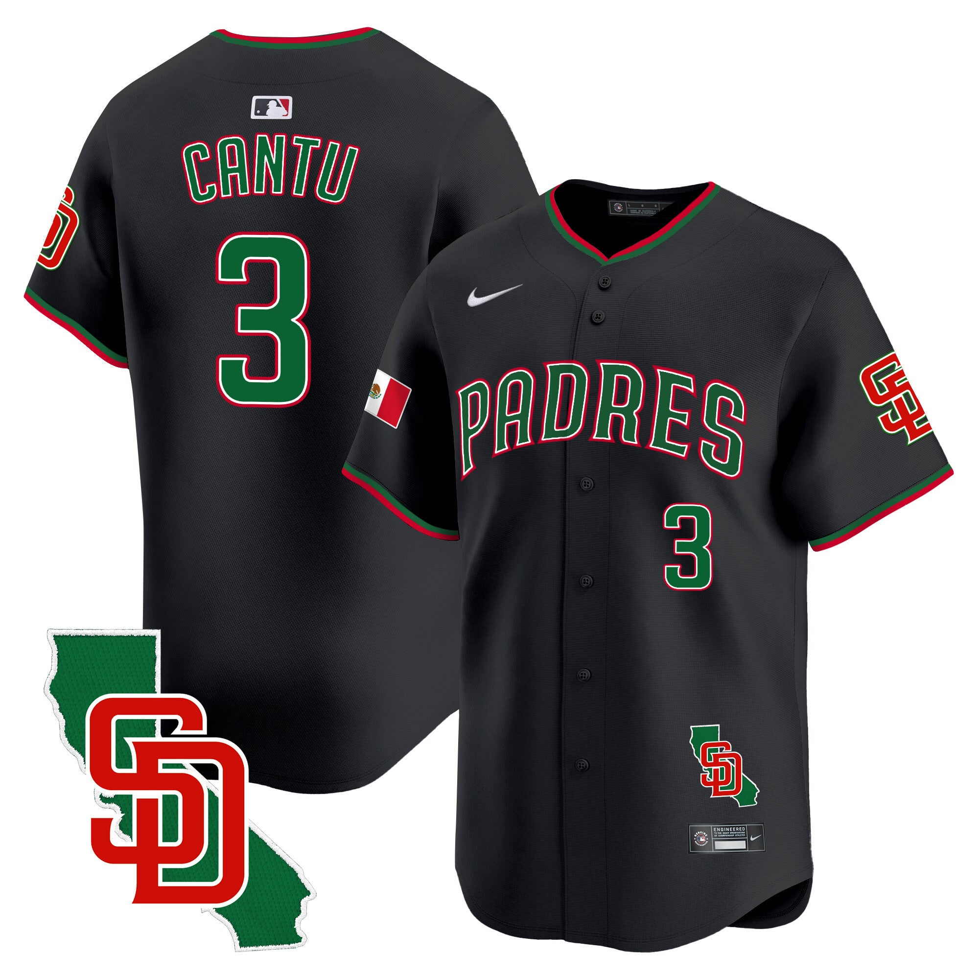Men's Padres Mexico California Patch Vapor Premier Limited Jersey V5 - All Stitched - Black, Jorge Cantu