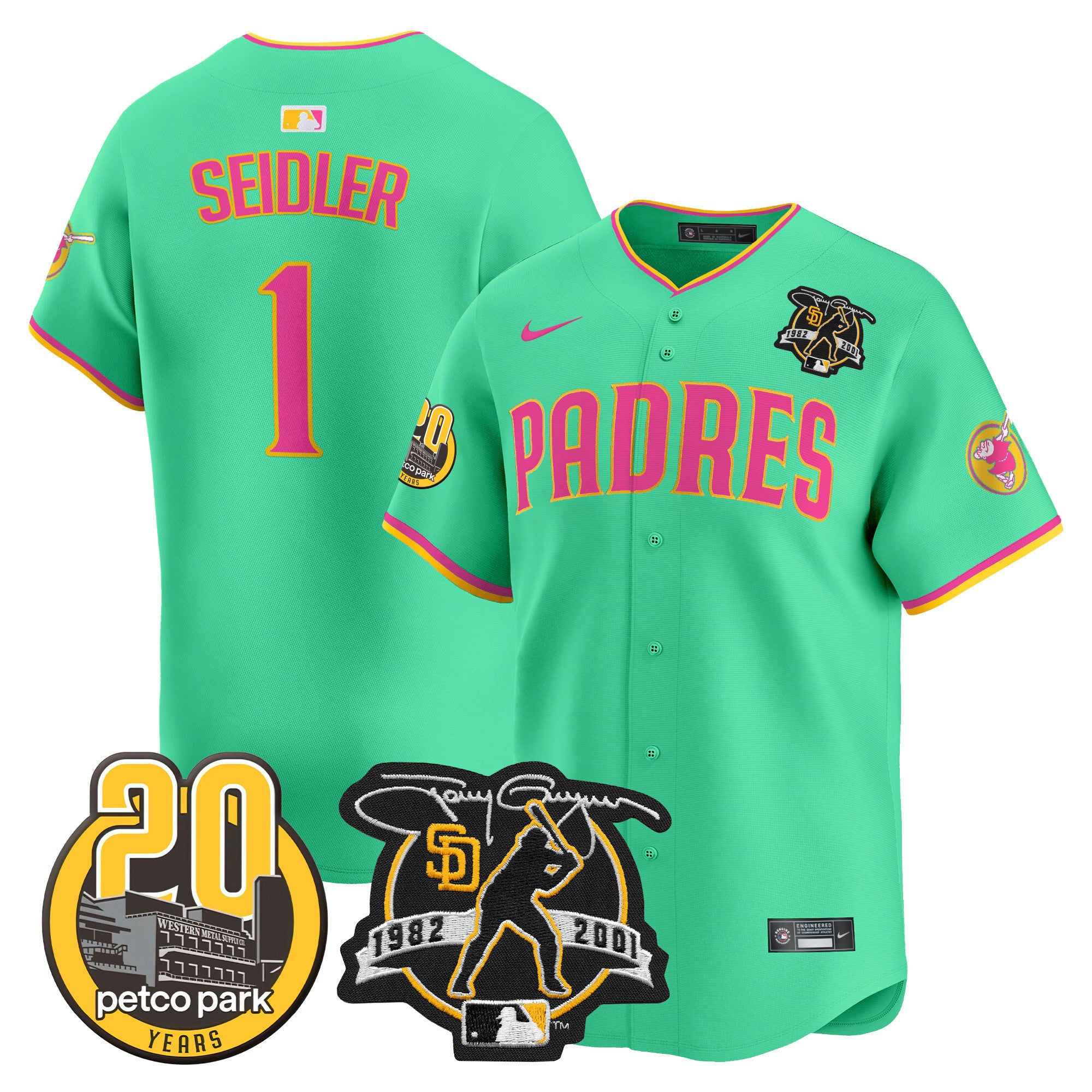Men's Padres Tony Gwynn & Petco Park 20th Patch Vapor Premier Limited Jersey V2 - All Stitched - Aqua, Peter Seidler