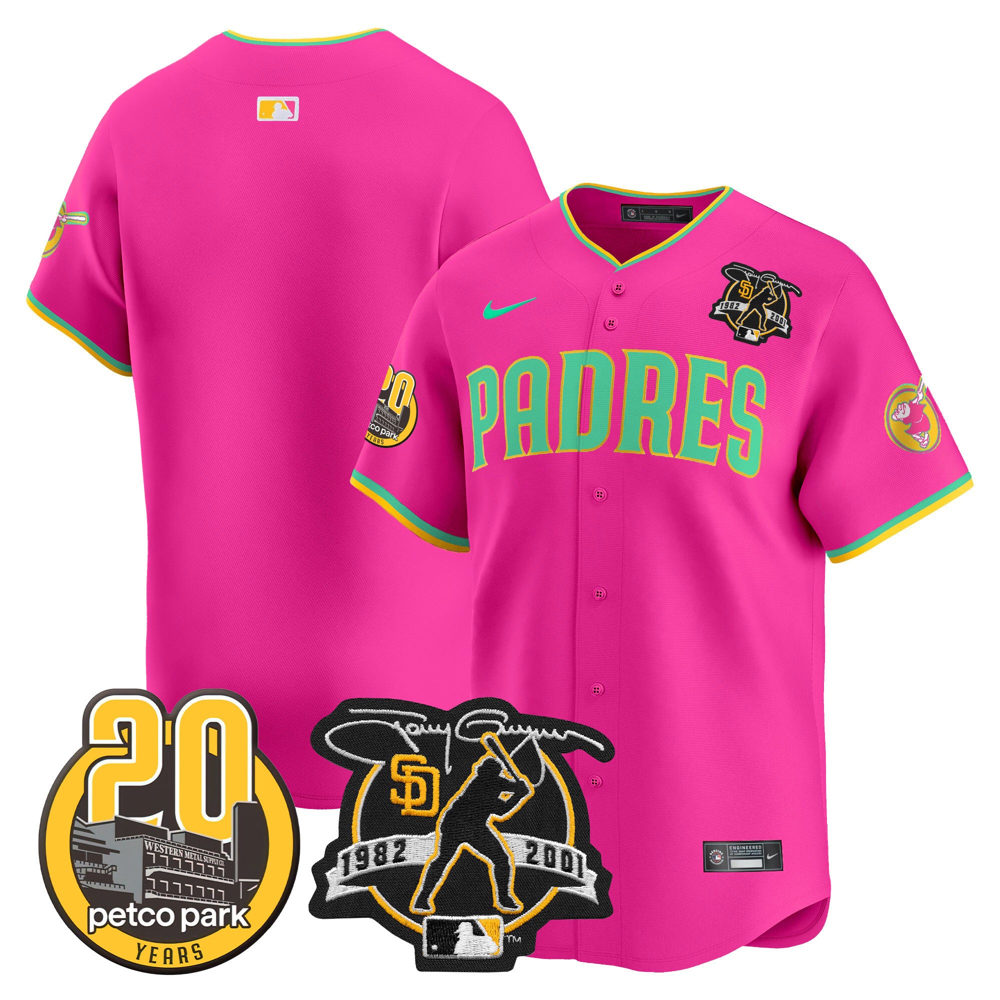 Men's Padres Tony Gwynn & Petco Park 20th Patch Vapor Premier Limited Jersey V2 - All Stitched - Pink, Team