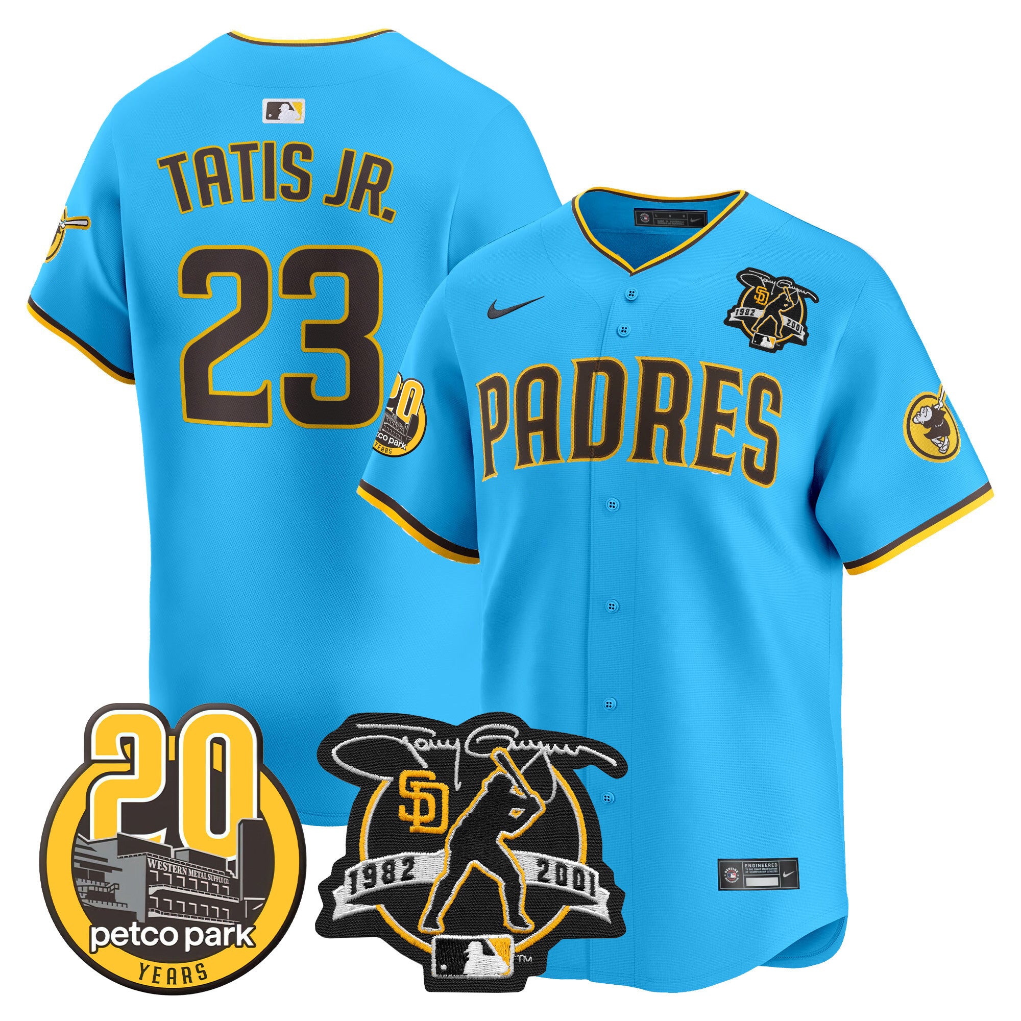 Men's Padres Tony Gwynn & Petco Park 20th Patch Vapor Premier Limited Jersey V2 - All Stitched - Light Blue, Fernando Tatis Jr.