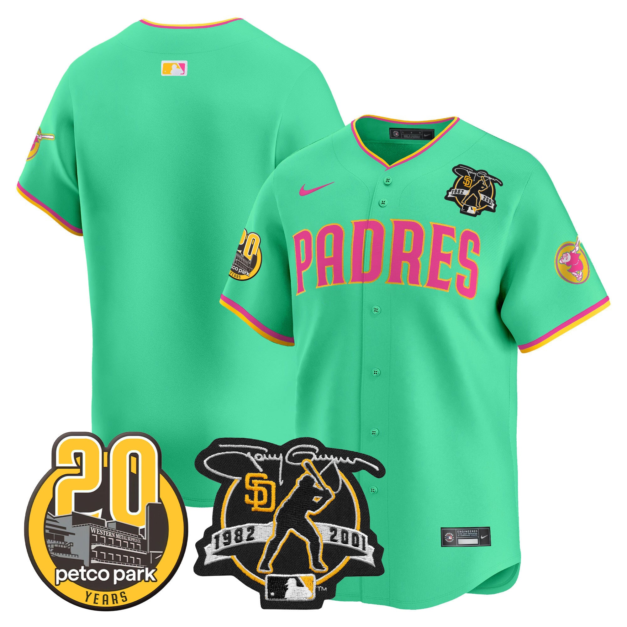Men's Padres Tony Gwynn & Petco Park 20th Patch Vapor Premier Limited Jersey V2 - All Stitched - Aqua, Team
