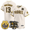 Men's Padres Tony Gwynn & Petco Park 20th Patch Vapor Premier Limited Jersey V2 - All Stitched - Cream, Manny Machado