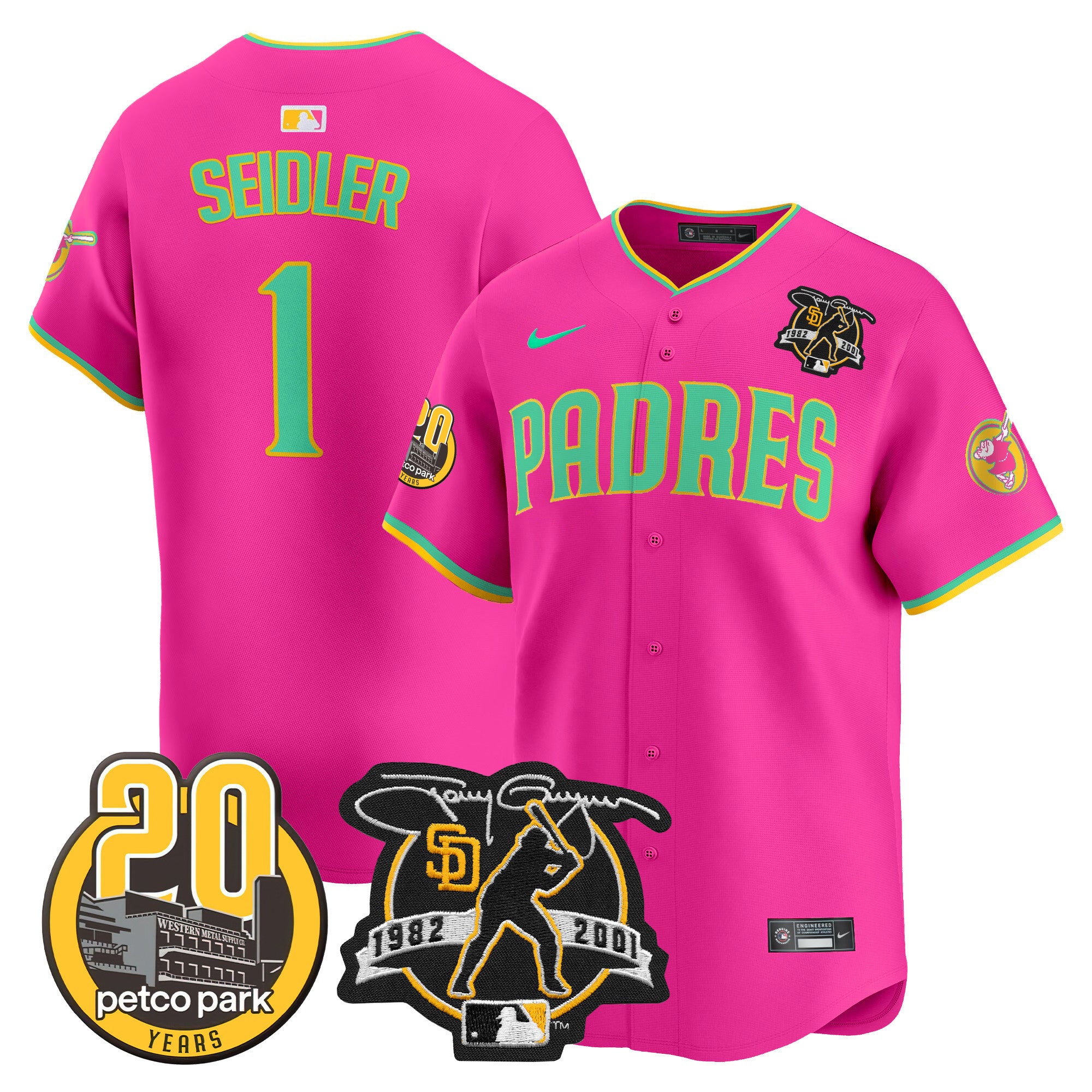 Men's Padres Tony Gwynn & Petco Park 20th Patch Vapor Premier Limited Jersey V2 - All Stitched - Pink, Peter Seidler