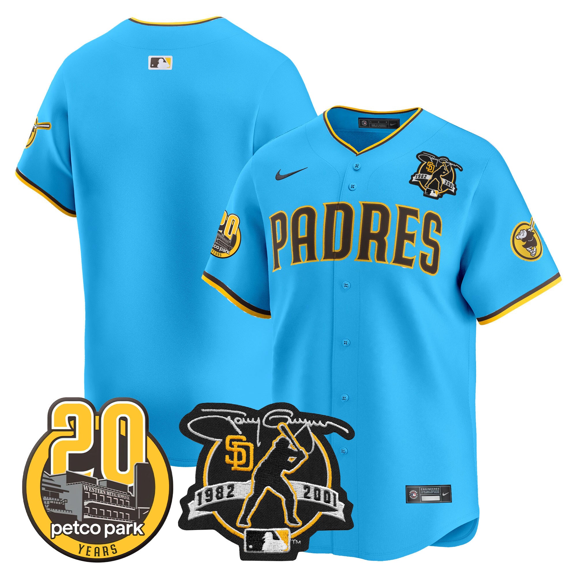 Men's Padres Tony Gwynn & Petco Park 20th Patch Vapor Premier Limited Jersey V2 - All Stitched - Light Blue, Team