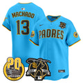 Men's Padres Tony Gwynn & Petco Park 20th Patch Vapor Premier Limited Jersey V2 - All Stitched - Light Blue, Manny Machado