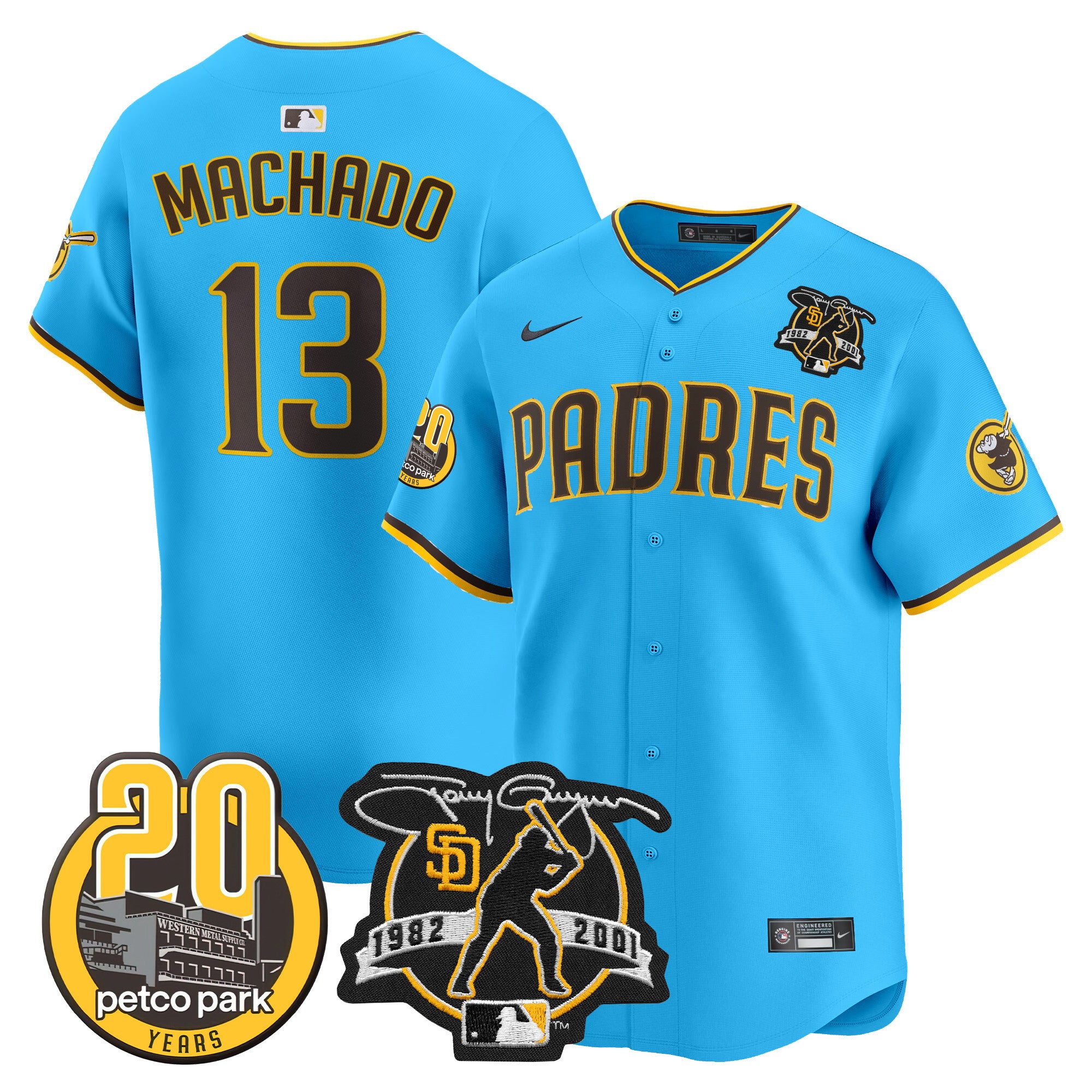 Men's Padres Tony Gwynn & Petco Park 20th Patch Vapor Premier Limited Jersey V2 - All Stitched - Light Blue, Manny Machado