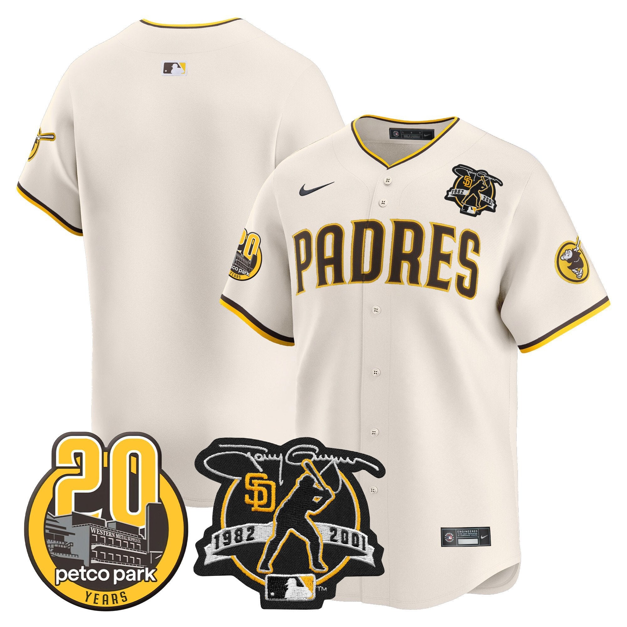 Men's Padres Tony Gwynn & Petco Park 20th Patch Vapor Premier Limited Jersey V2 - All Stitched - Cream, Team