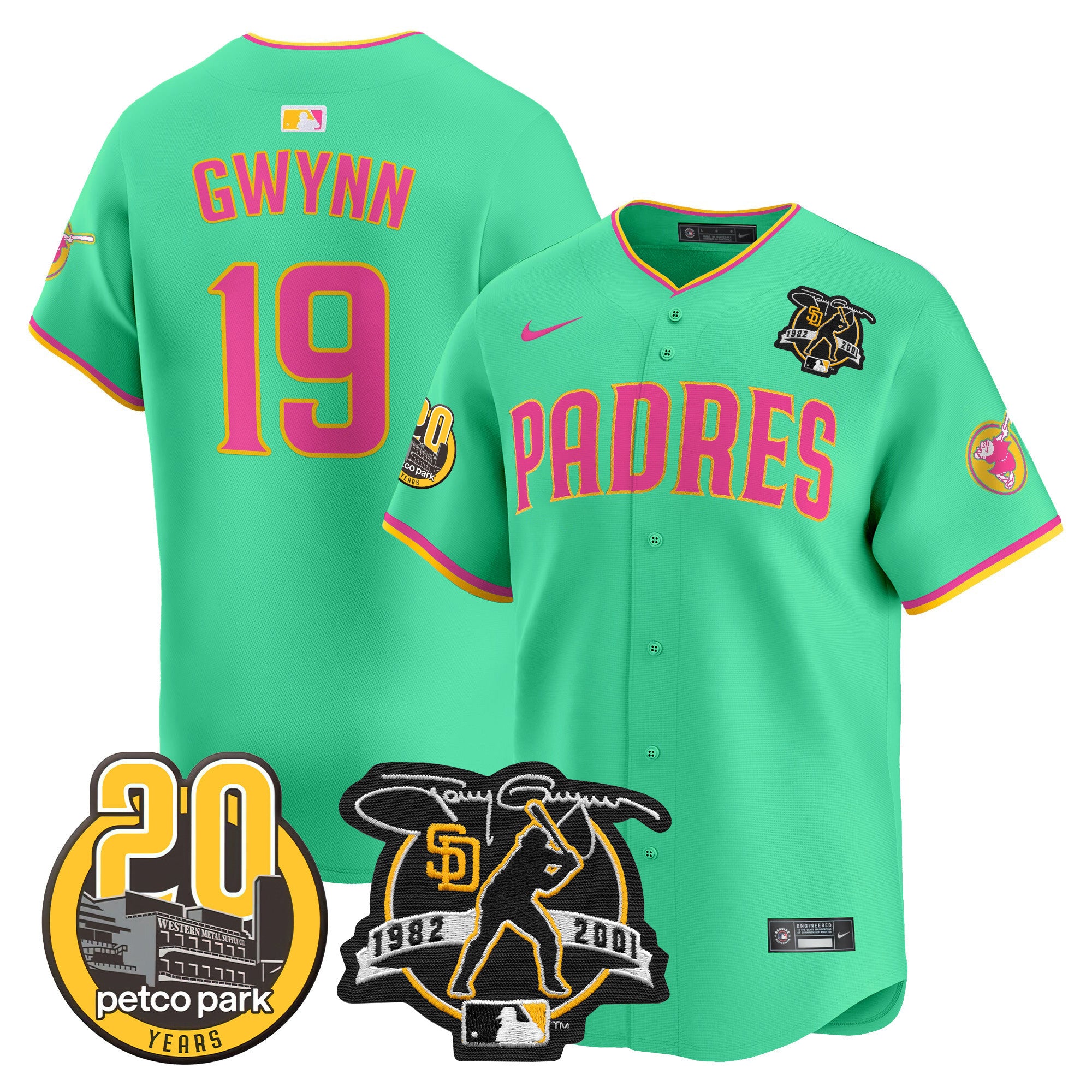 Men's Padres Tony Gwynn & Petco Park 20th Patch Vapor Premier Limited Jersey V2 - All Stitched - Aqua, Tony Gwynn