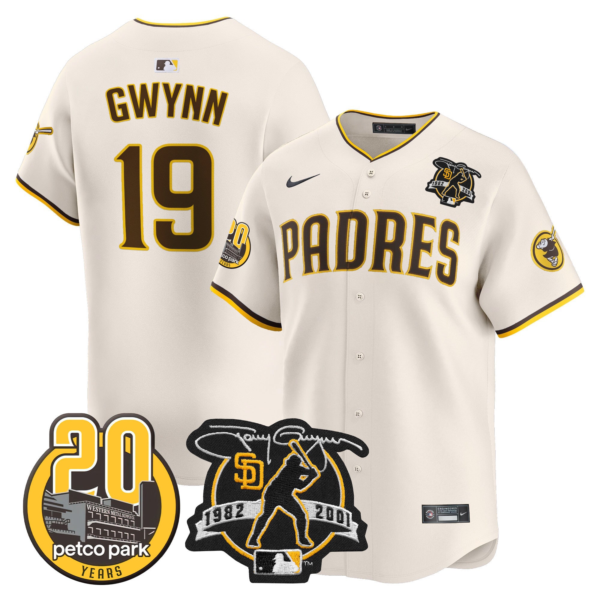 Men's Padres Tony Gwynn & Petco Park 20th Patch Vapor Premier Limited Jersey V2 - All Stitched - Cream, Tony Gwynn