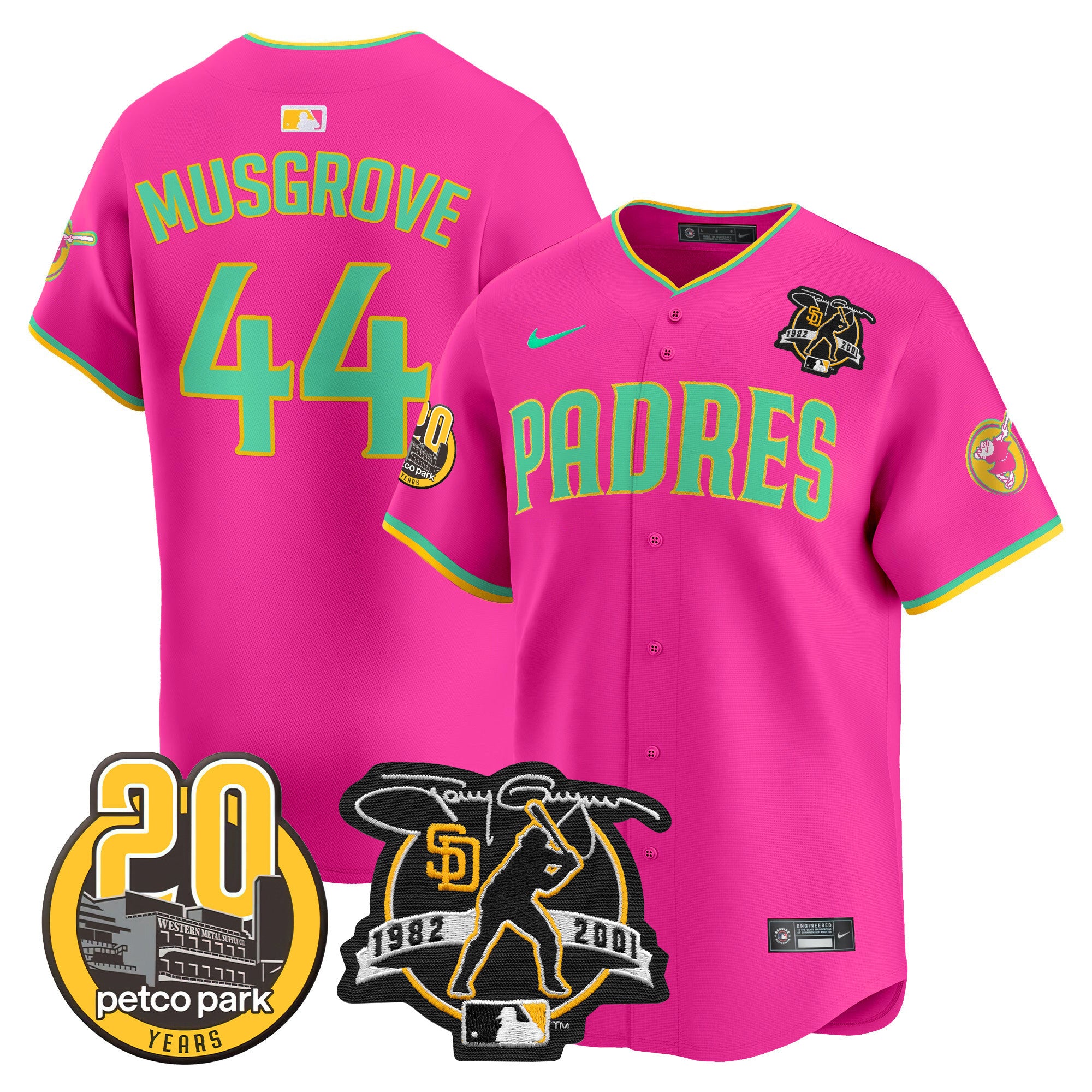 Men's Padres Tony Gwynn & Petco Park 20th Patch Vapor Premier Limited Jersey V2 - All Stitched - Pink, Joe Musgrove