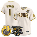 Men's Padres Tony Gwynn & Petco Park 20th Patch Vapor Premier Limited Jersey V2 - All Stitched - Cream, Peter Seidler