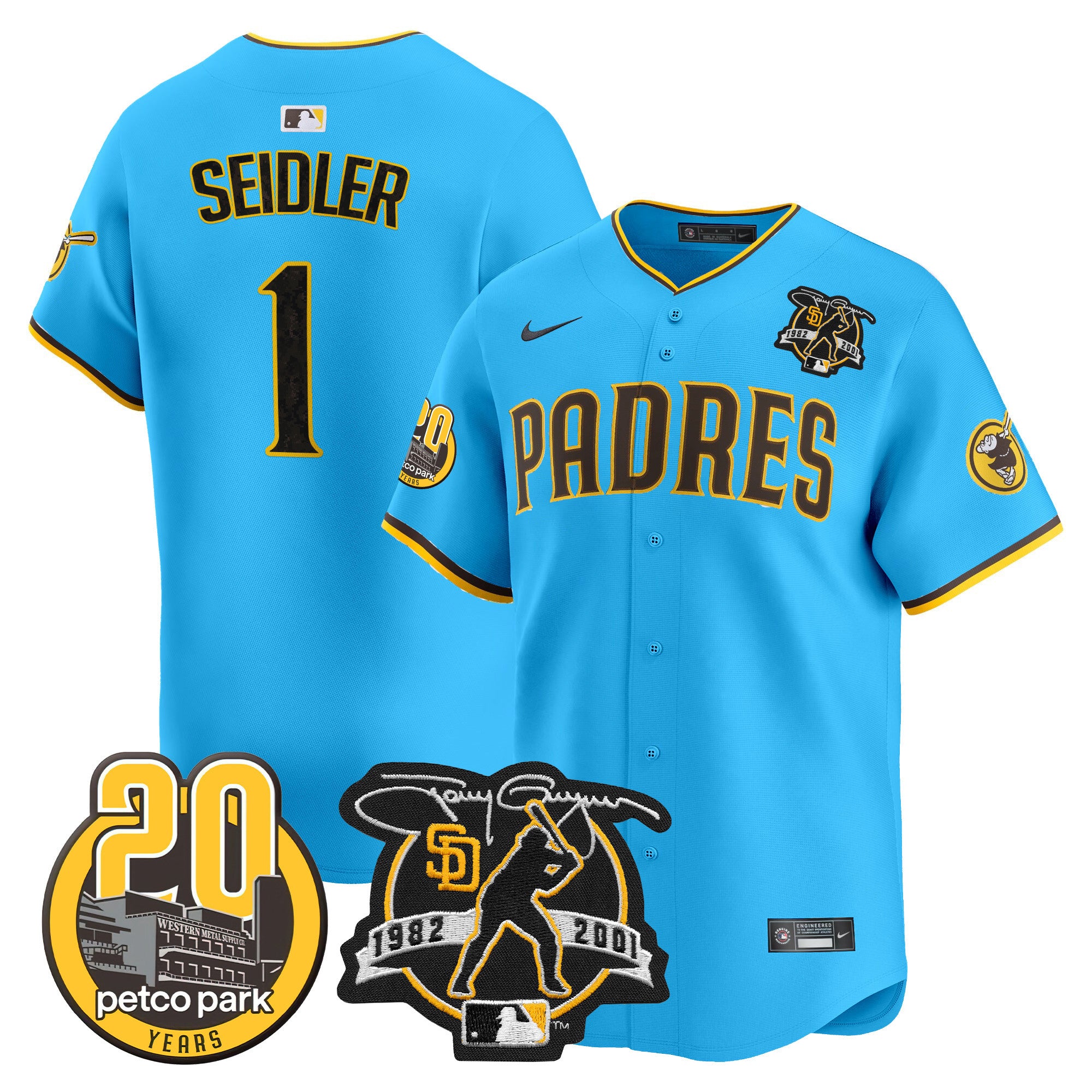 Men's Padres Tony Gwynn & Petco Park 20th Patch Vapor Premier Limited Jersey V2 - All Stitched - Light Blue, Peter Seidler