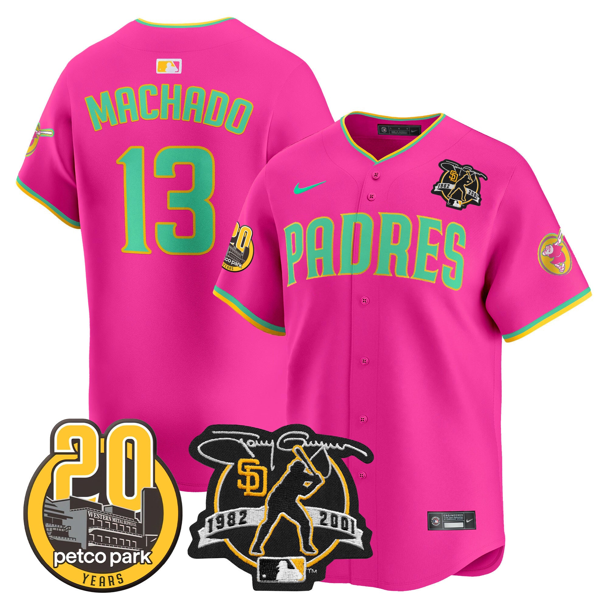 Men's Padres Tony Gwynn & Petco Park 20th Patch Vapor Premier Limited Jersey V2 - All Stitched - Pink, Manny Machado