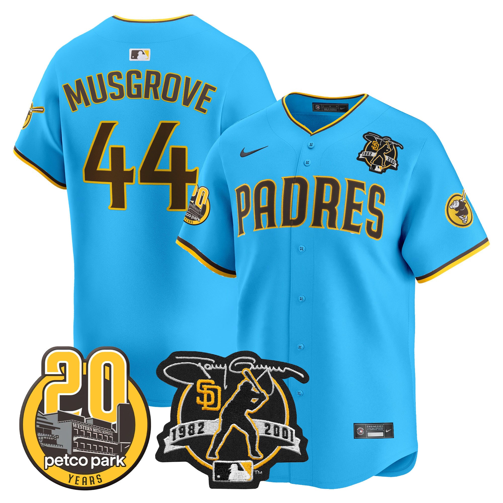Men's Padres Tony Gwynn & Petco Park 20th Patch Vapor Premier Limited Jersey V2 - All Stitched - Light Blue, Joe Musgrove