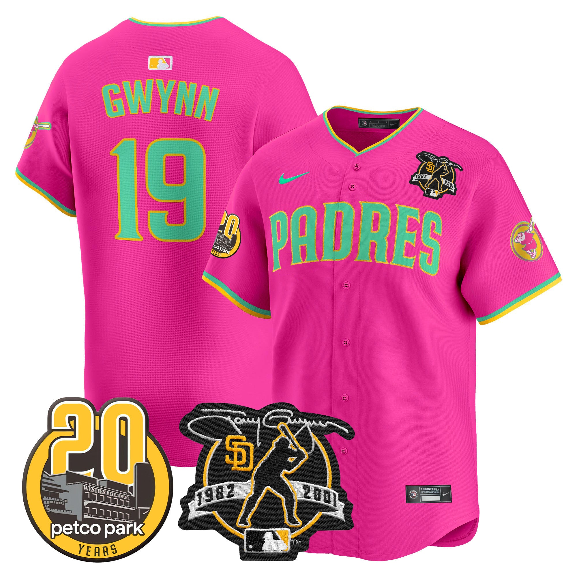 Men's Padres Tony Gwynn & Petco Park 20th Patch Vapor Premier Limited Jersey V2 - All Stitched - Pink, Tony Gwynn
