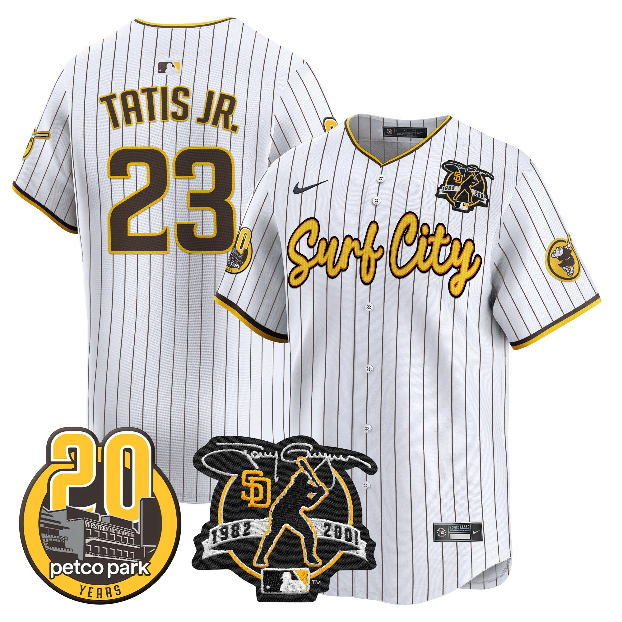 Men's Padres Tony Gwynn & Petco Park 20th Patch Vapor Premier Limited Jersey V3 - All Stitched - Pinstripe, Fernando Tatis Jr.