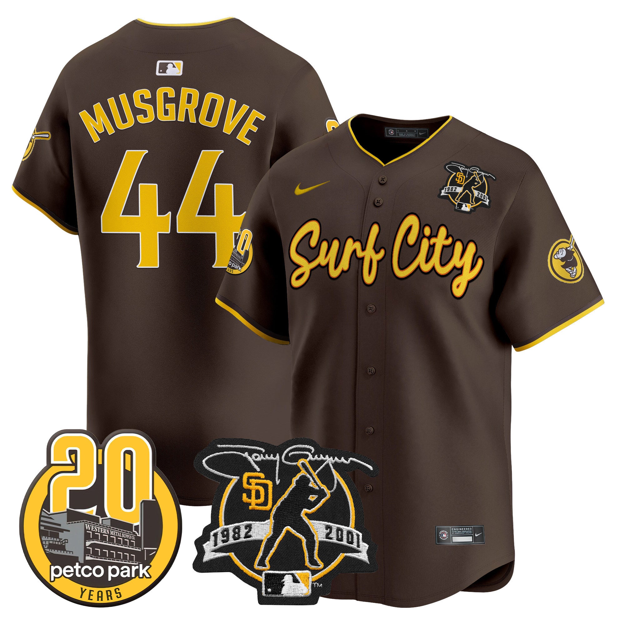 Men's Padres Tony Gwynn & Petco Park 20th Patch Vapor Premier Limited Jersey V3 - All Stitched - Brown, Joe Musgrove
