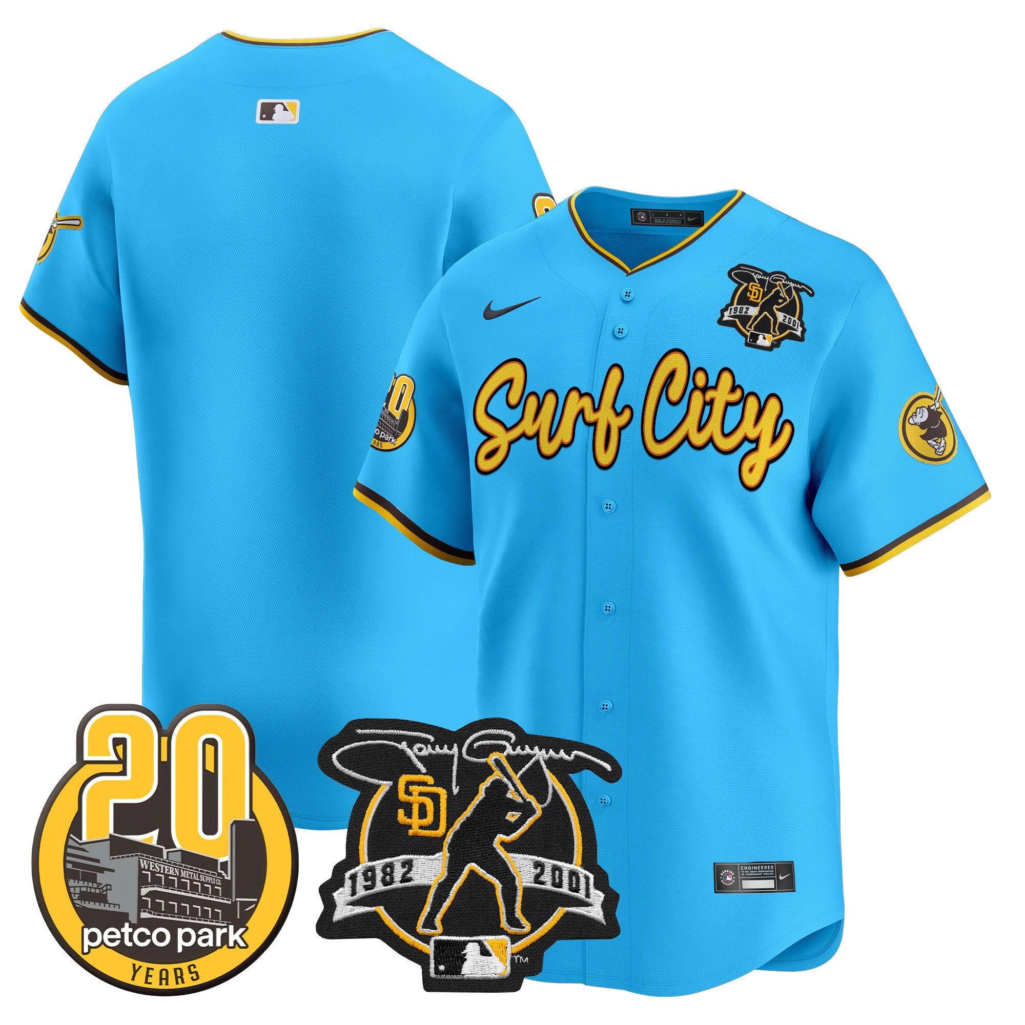 Men's Padres Tony Gwynn & Petco Park 20th Patch Vapor Premier Limited Jersey V3 - All Stitched - Light Blue, Team