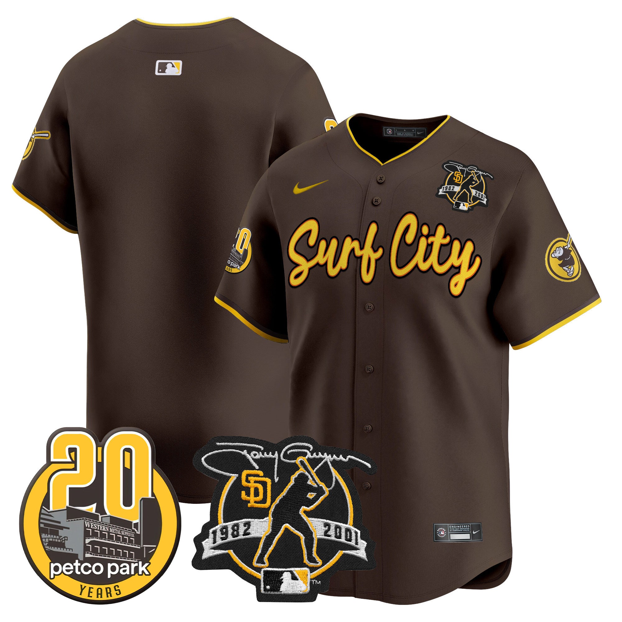 Men's Padres Tony Gwynn & Petco Park 20th Patch Vapor Premier Limited Jersey V3 - All Stitched - Brown, Team