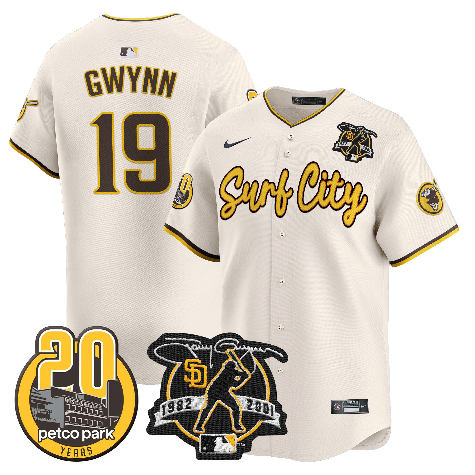 Men's Padres Tony Gwynn & Petco Park 20th Patch Vapor Premier Limited Jersey V3 - All Stitched - Cream, Tony Gwynn