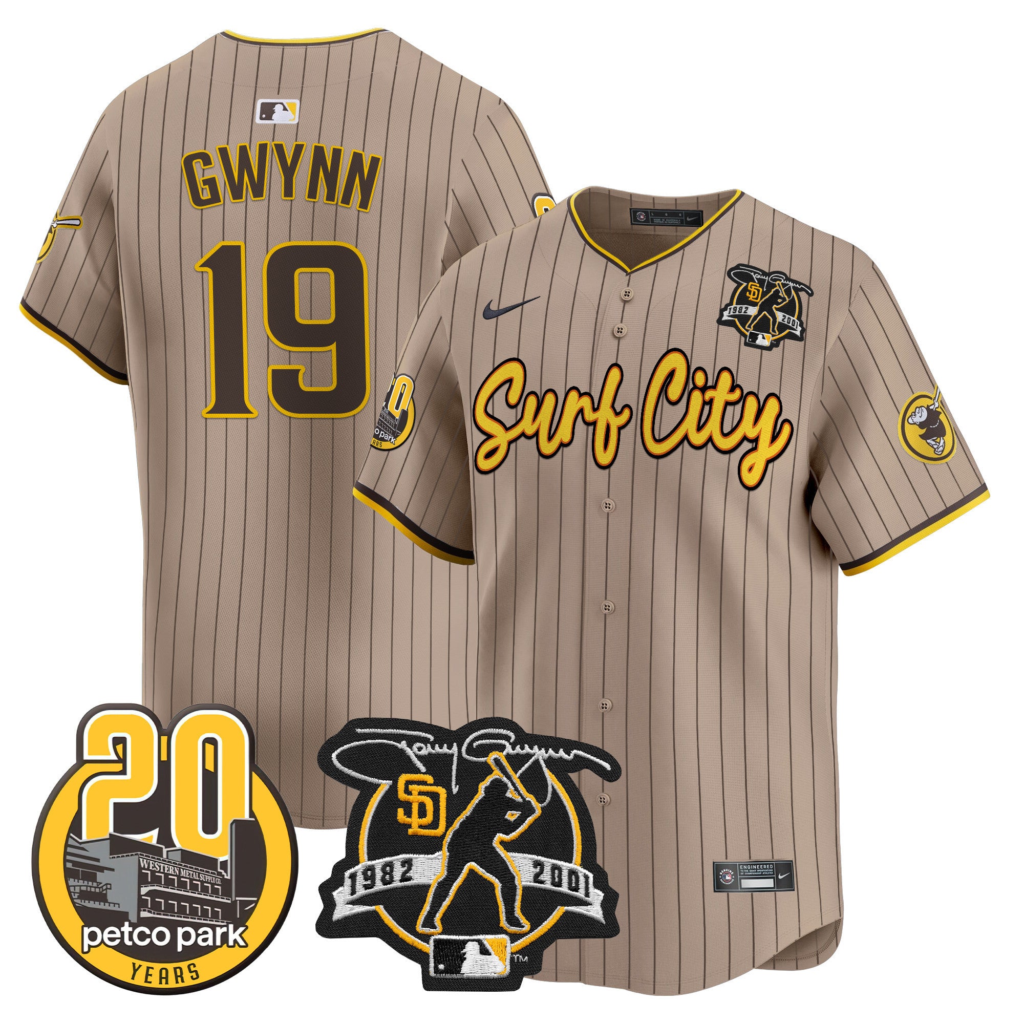 Men's Padres Tony Gwynn & Petco Park 20th Patch Vapor Premier Limited Jersey V3 - All Stitched - Tan, Tony Gwynn