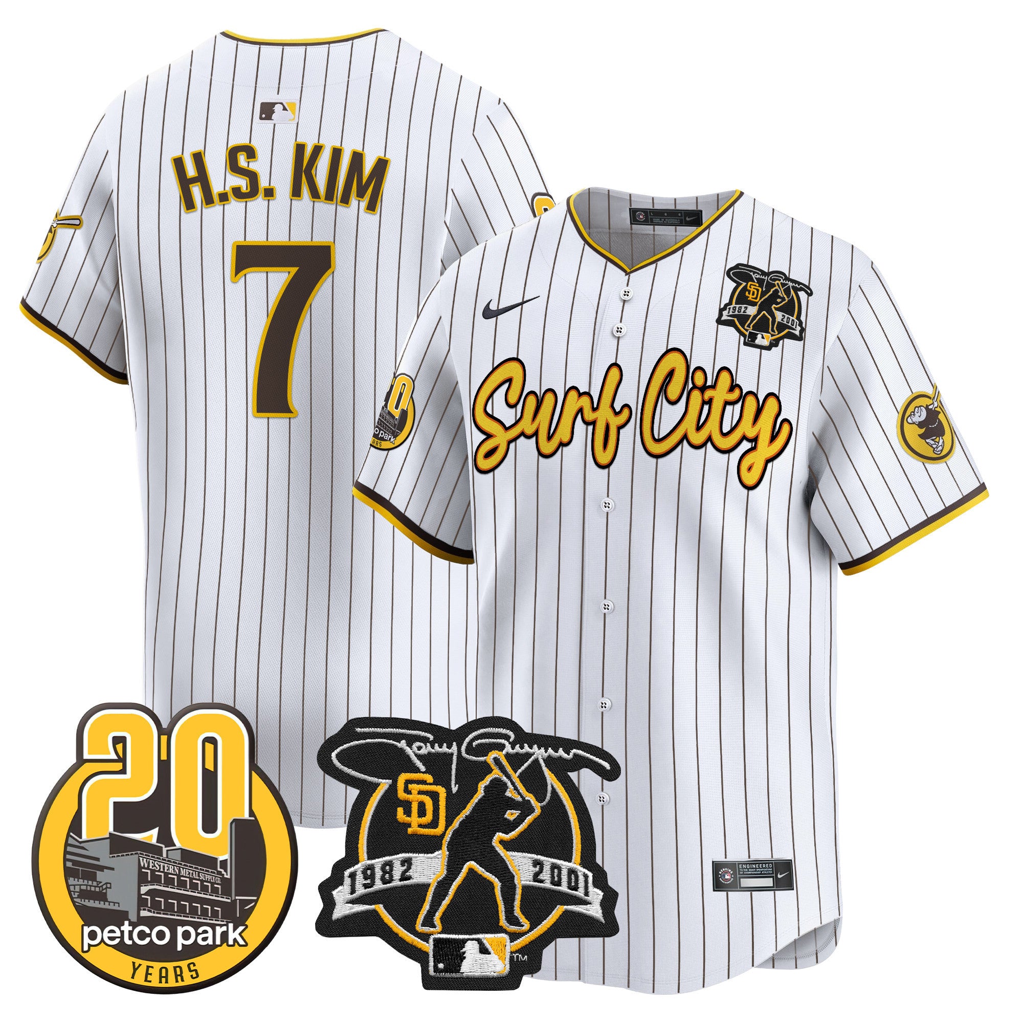 Men's Padres Tony Gwynn & Petco Park 20th Patch Vapor Premier Limited Jersey V3 - All Stitched - Pinstripe, Ha-Seong Kim