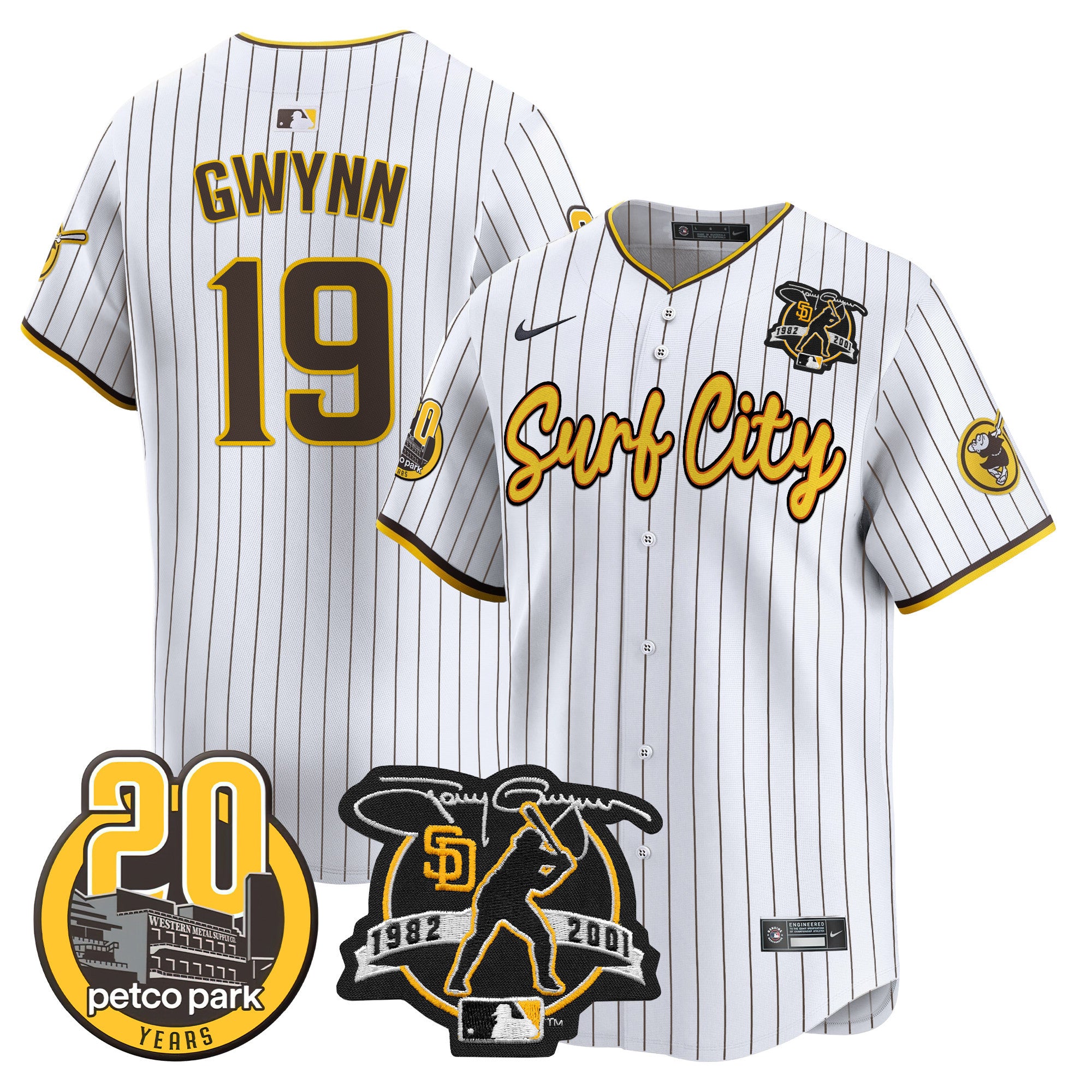 Men's Padres Tony Gwynn & Petco Park 20th Patch Vapor Premier Limited Jersey V3 - All Stitched - Pinstripe, Tony Gwynn