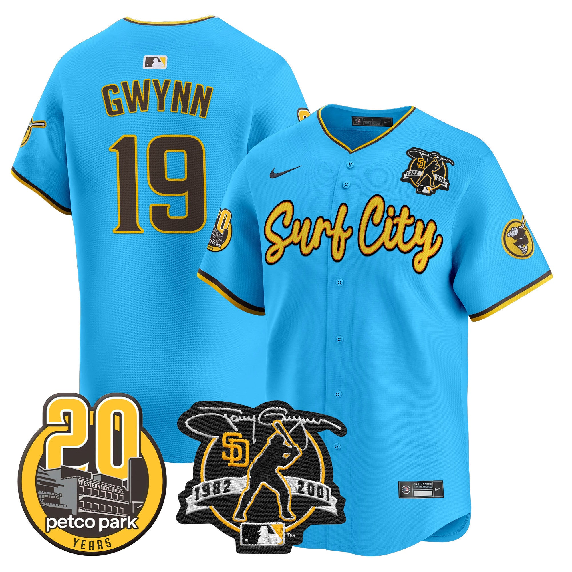 Men's Padres Tony Gwynn & Petco Park 20th Patch Vapor Premier Limited Jersey V3 - All Stitched - Light Blue, Tony Gwynn