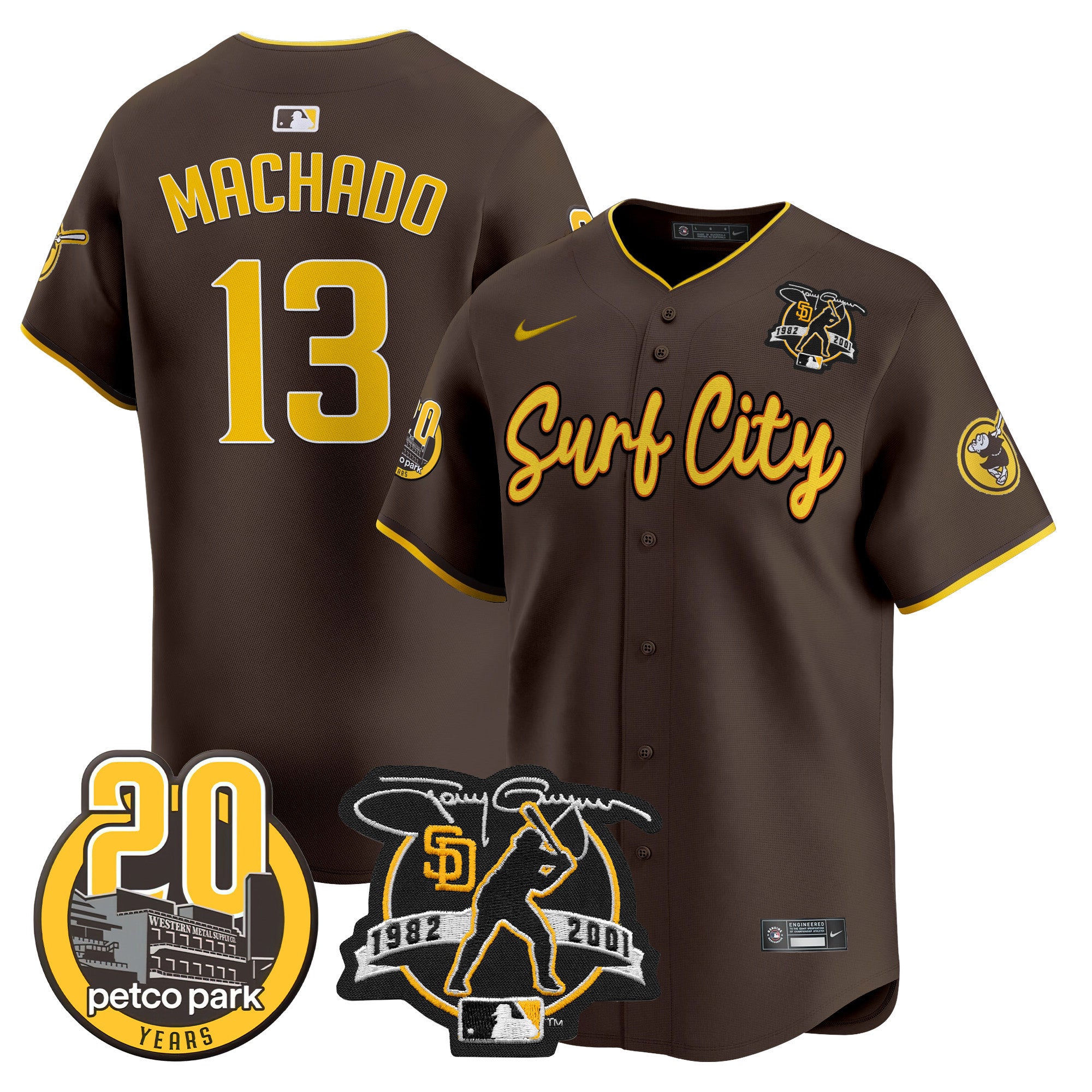 Men's Padres Tony Gwynn & Petco Park 20th Patch Vapor Premier Limited Jersey V3 - All Stitched - Brown, Manny Machado