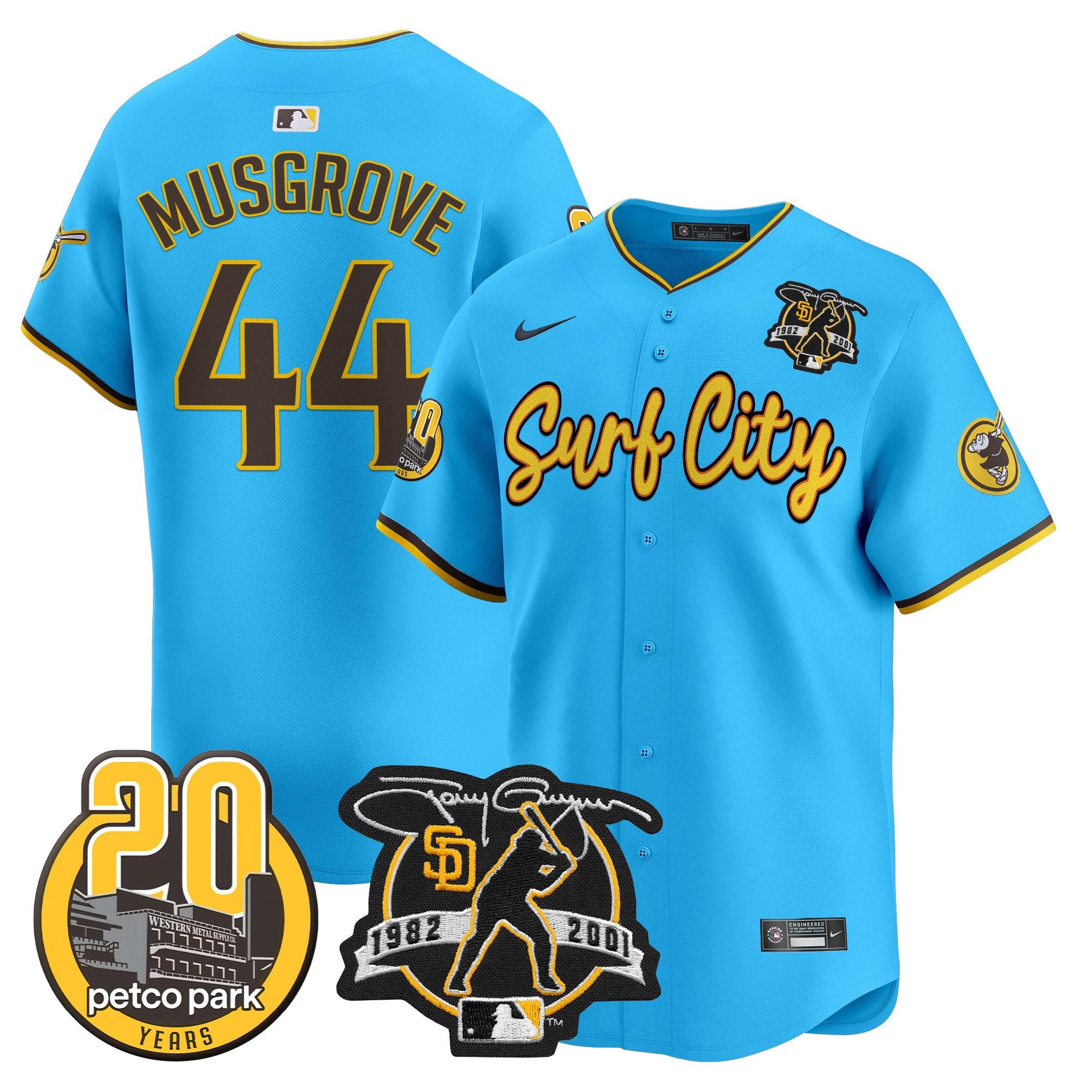 Men's Padres Tony Gwynn & Petco Park 20th Patch Vapor Premier Limited Jersey V3 - All Stitched - Light Blue, Joe Musgrove