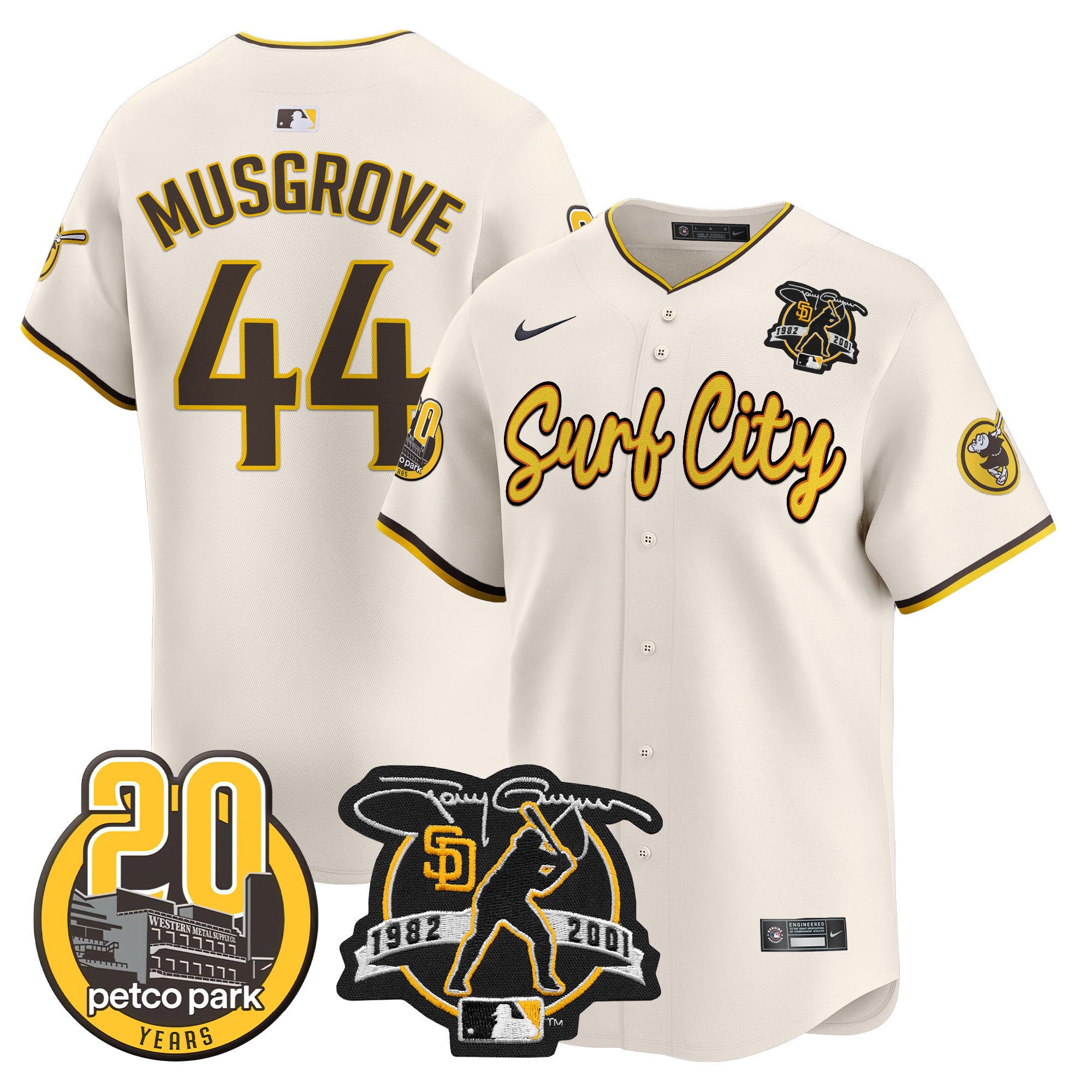Men's Padres Tony Gwynn & Petco Park 20th Patch Vapor Premier Limited Jersey V3 - All Stitched - Cream, Joe Musgrove
