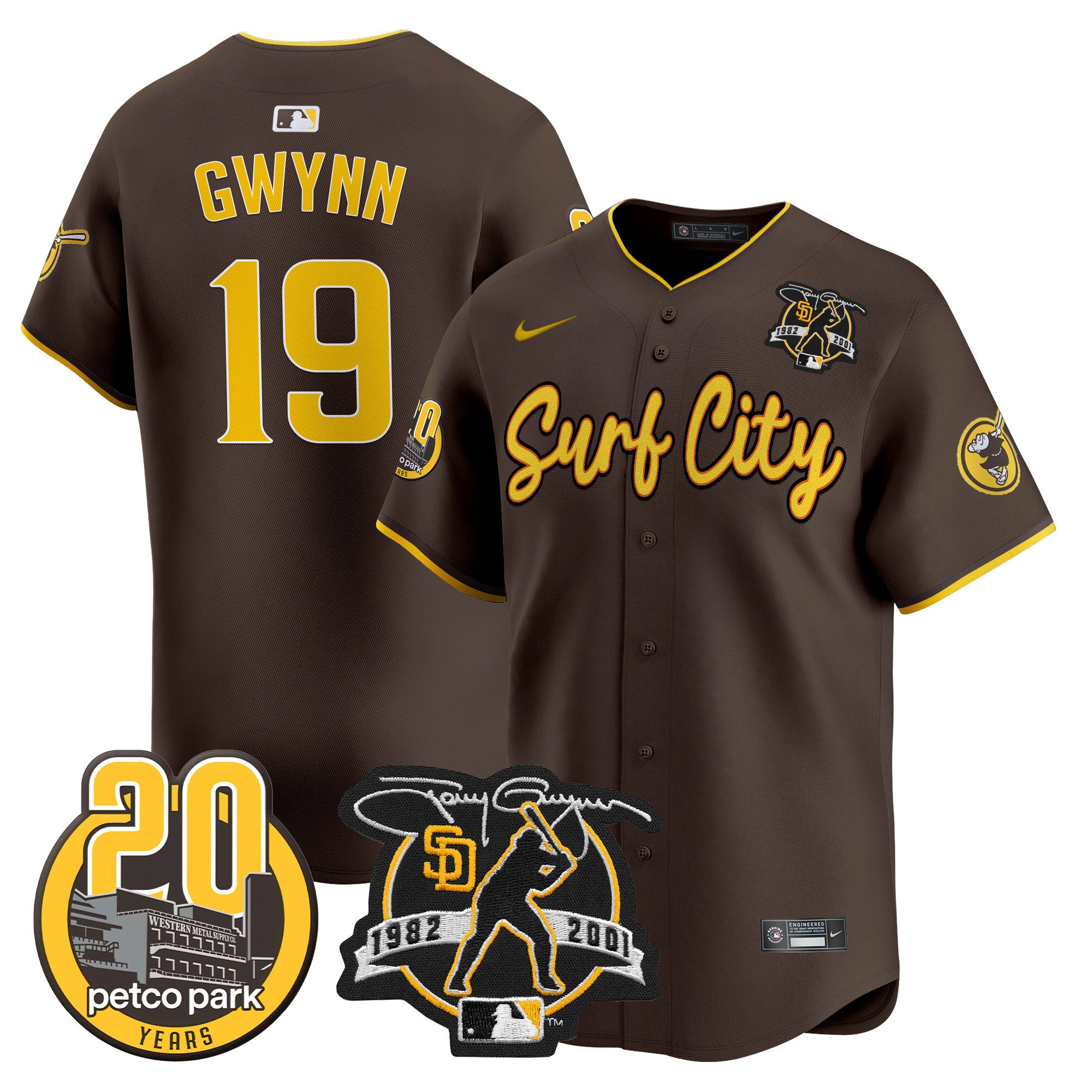 Men's Padres Tony Gwynn & Petco Park 20th Patch Vapor Premier Limited Jersey V3 - All Stitched - Brown, Tony Gwynn