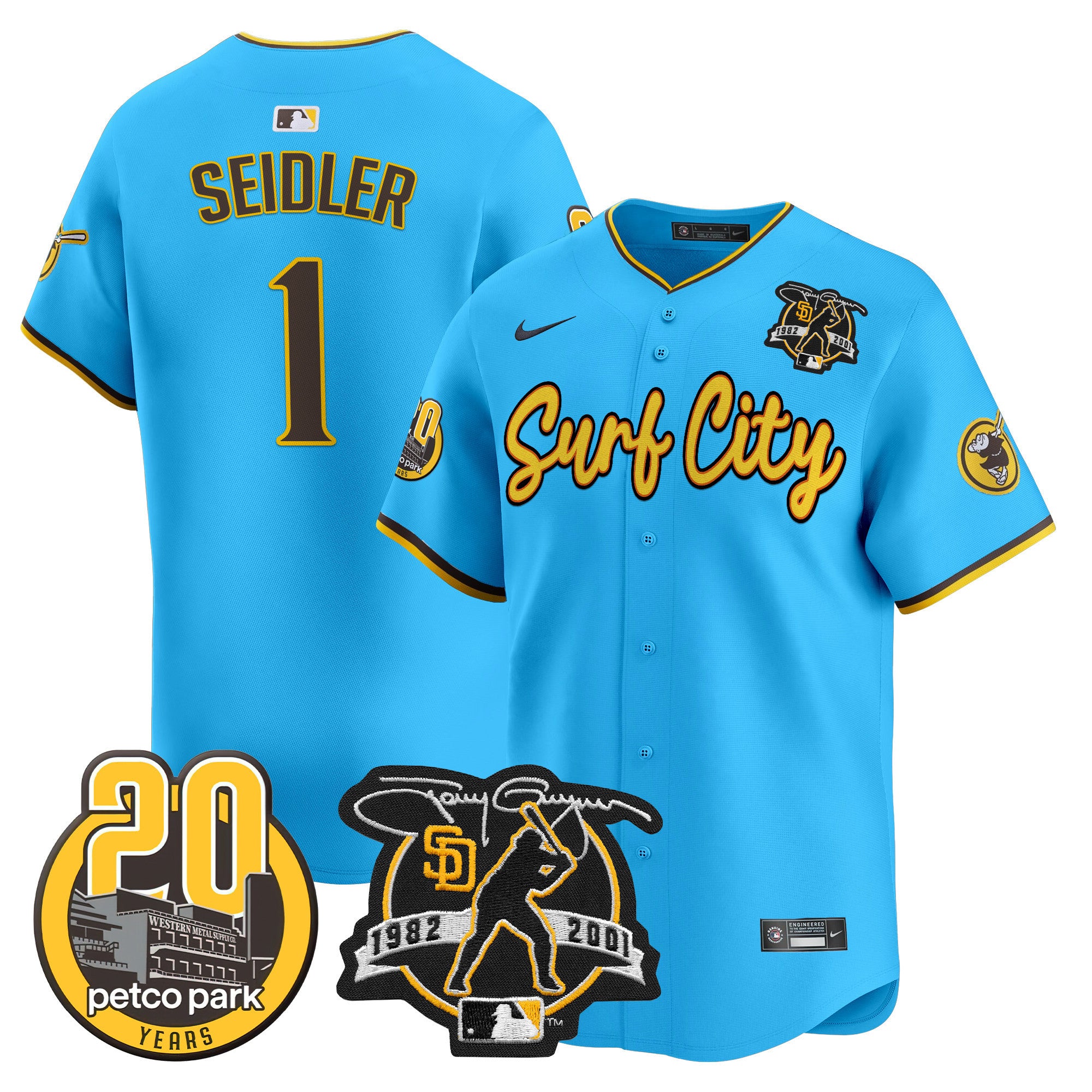 Men's Padres Tony Gwynn & Petco Park 20th Patch Vapor Premier Limited Jersey V3 - All Stitched - Light Blue, Peter Seidler