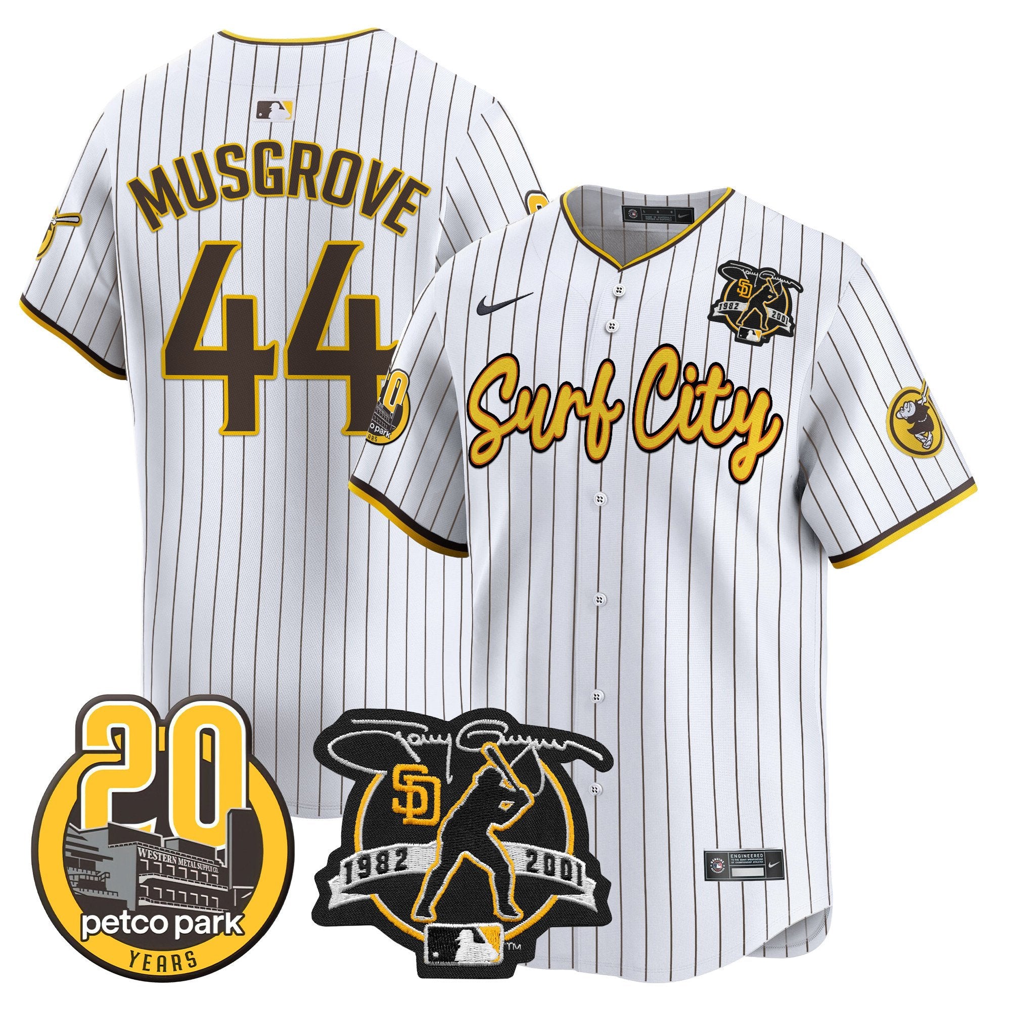 Men's Padres Tony Gwynn & Petco Park 20th Patch Vapor Premier Limited Jersey V3 - All Stitched - Pinstripe, Joe Musgrove