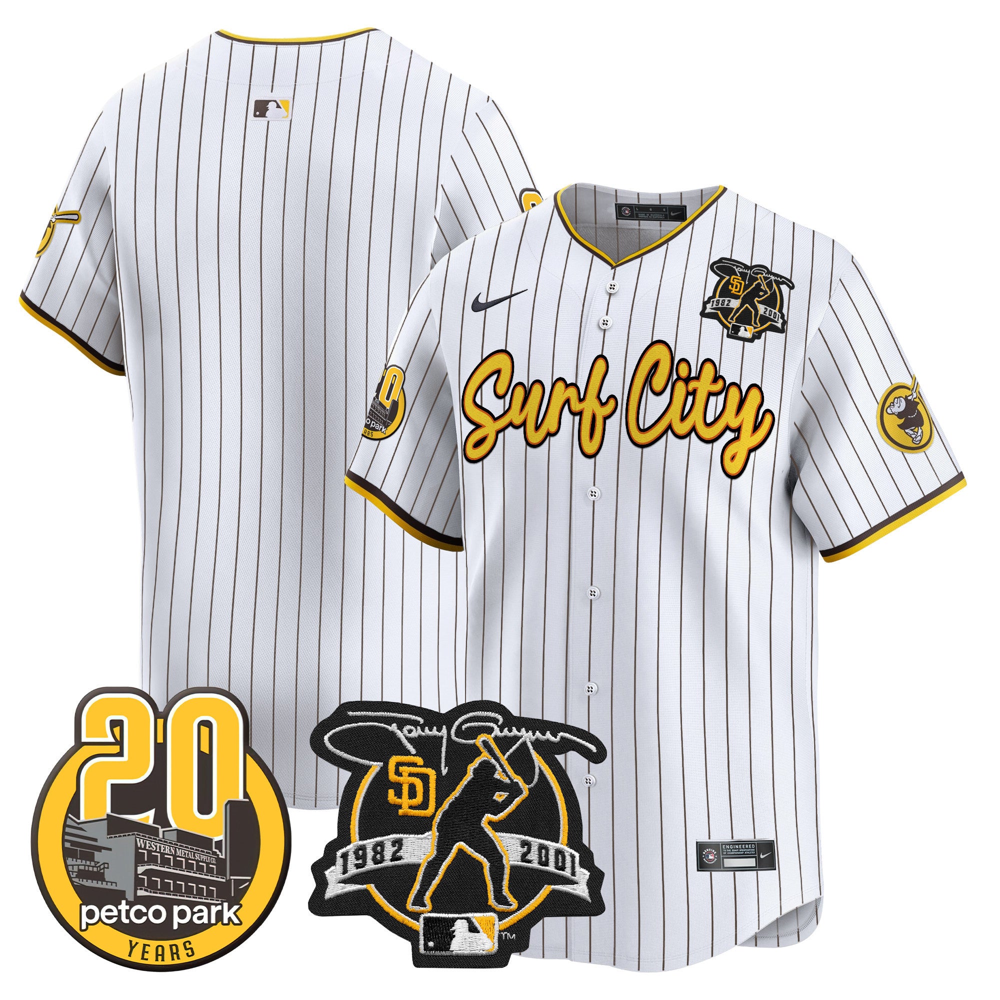 Men's Padres Tony Gwynn & Petco Park 20th Patch Vapor Premier Limited Jersey V3 - All Stitched - Pinstripe, Team