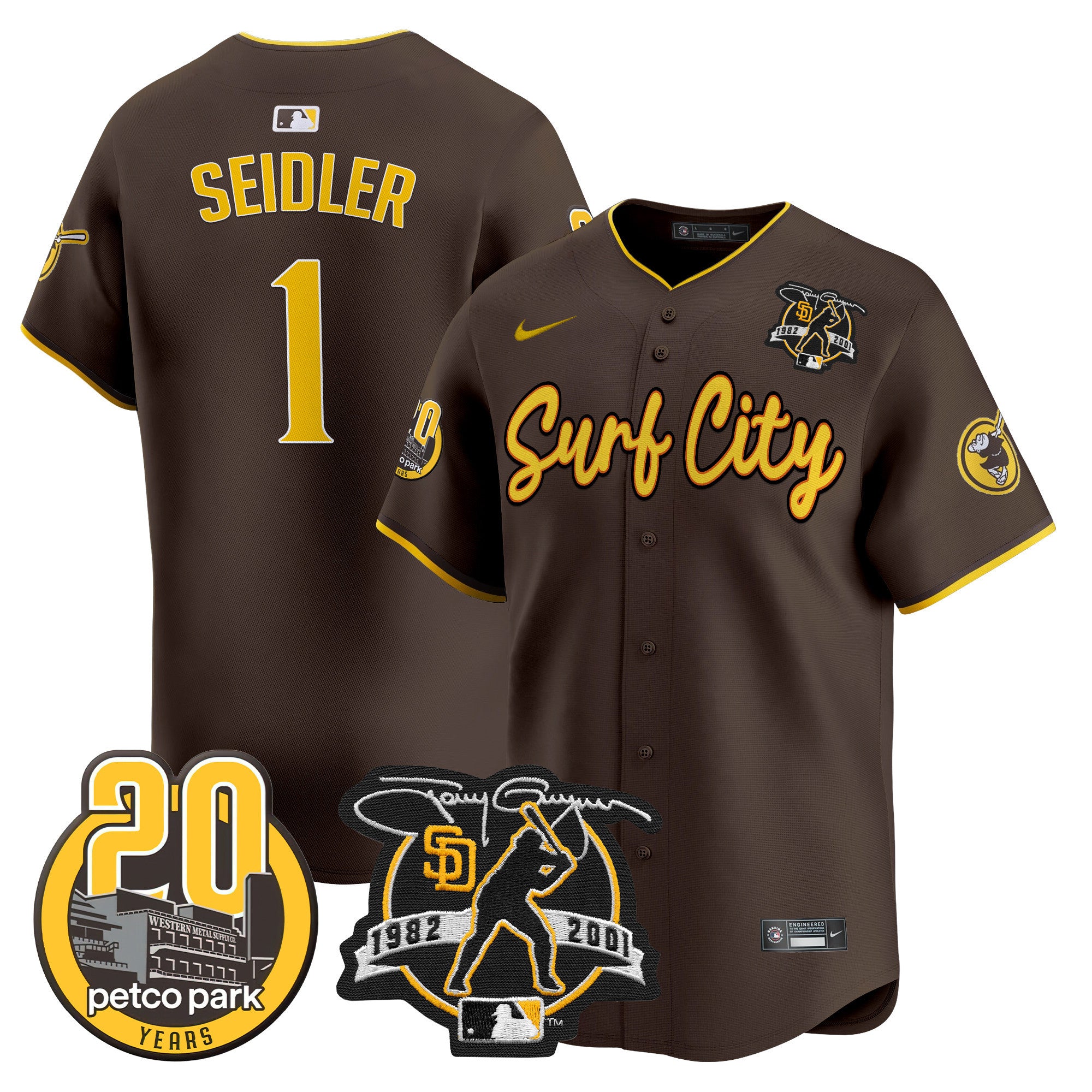 Men's Padres Tony Gwynn & Petco Park 20th Patch Vapor Premier Limited Jersey V3 - All Stitched - Brown, Peter Seidler