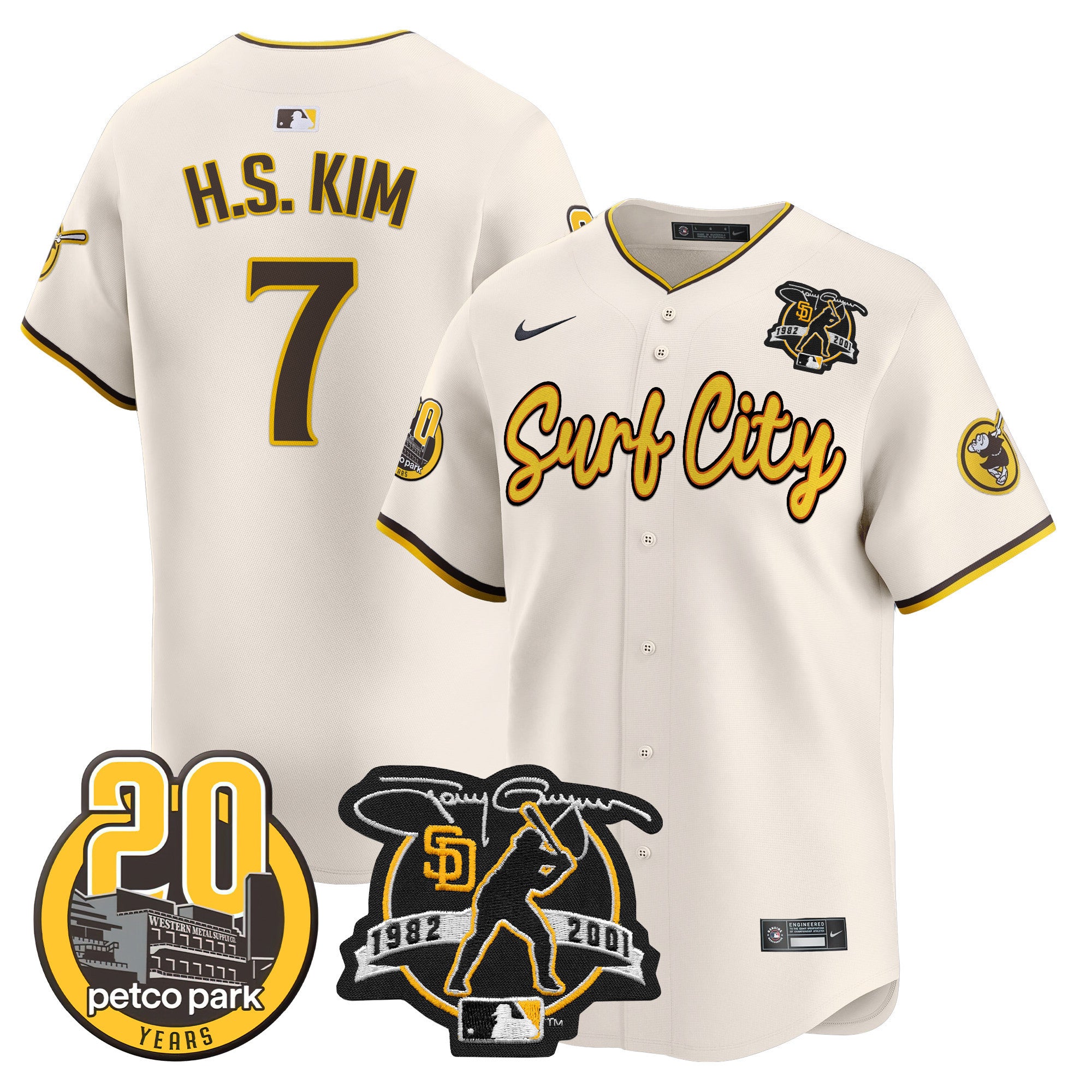 Men's Padres Tony Gwynn & Petco Park 20th Patch Vapor Premier Limited Jersey V3 - All Stitched - Cream, Ha-Seong Kim