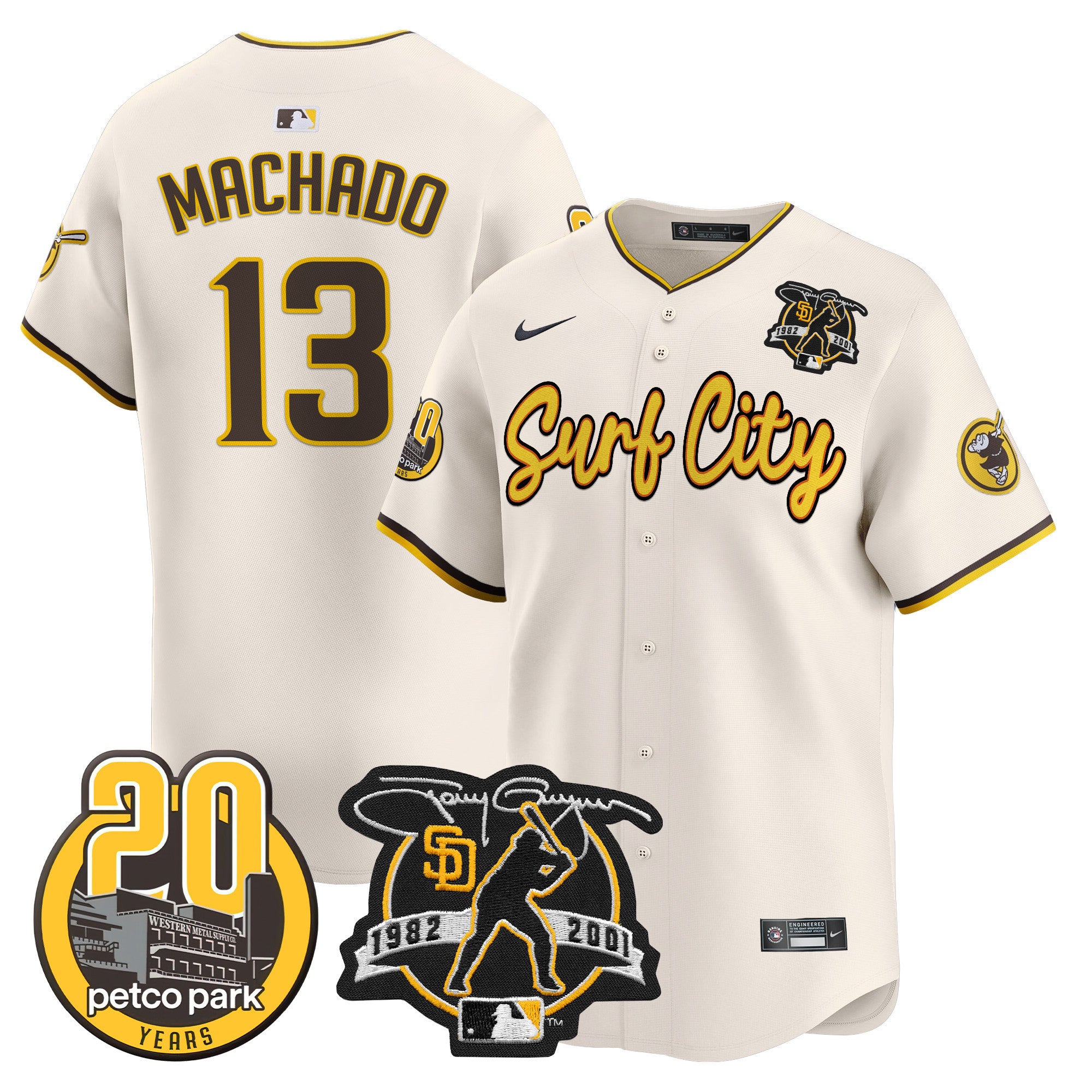 Men's Padres Tony Gwynn & Petco Park 20th Patch Vapor Premier Limited Jersey V3 - All Stitched - Cream, Manny Machado