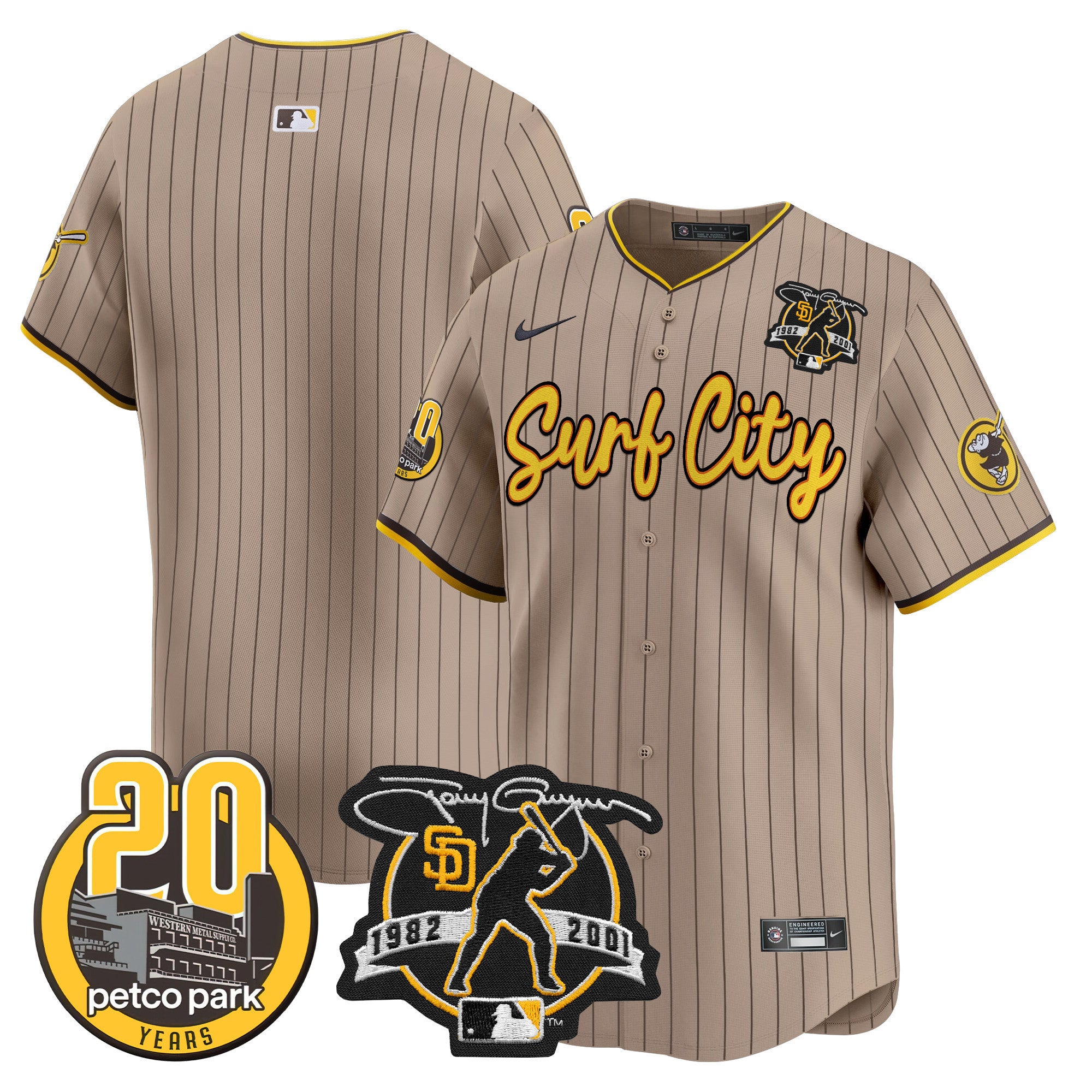Men's Padres Tony Gwynn & Petco Park 20th Patch Vapor Premier Limited Jersey V3 - All Stitched - Tan, Team