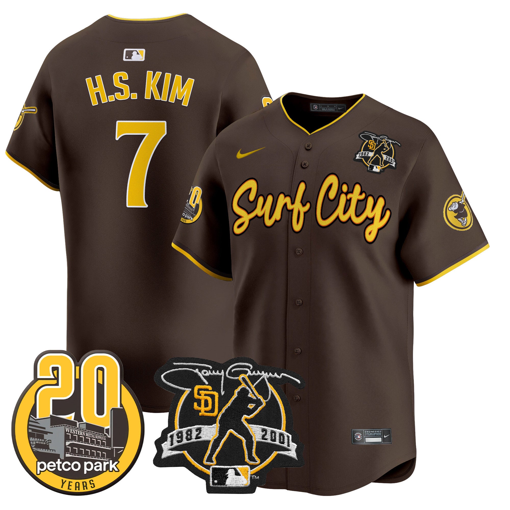 Men's Padres Tony Gwynn & Petco Park 20th Patch Vapor Premier Limited Jersey V3 - All Stitched - Brown, Ha-Seong Kim