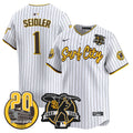 Men's Padres Tony Gwynn & Petco Park 20th Patch Vapor Premier Limited Jersey V3 - All Stitched - Pinstripe, Peter Seidler
