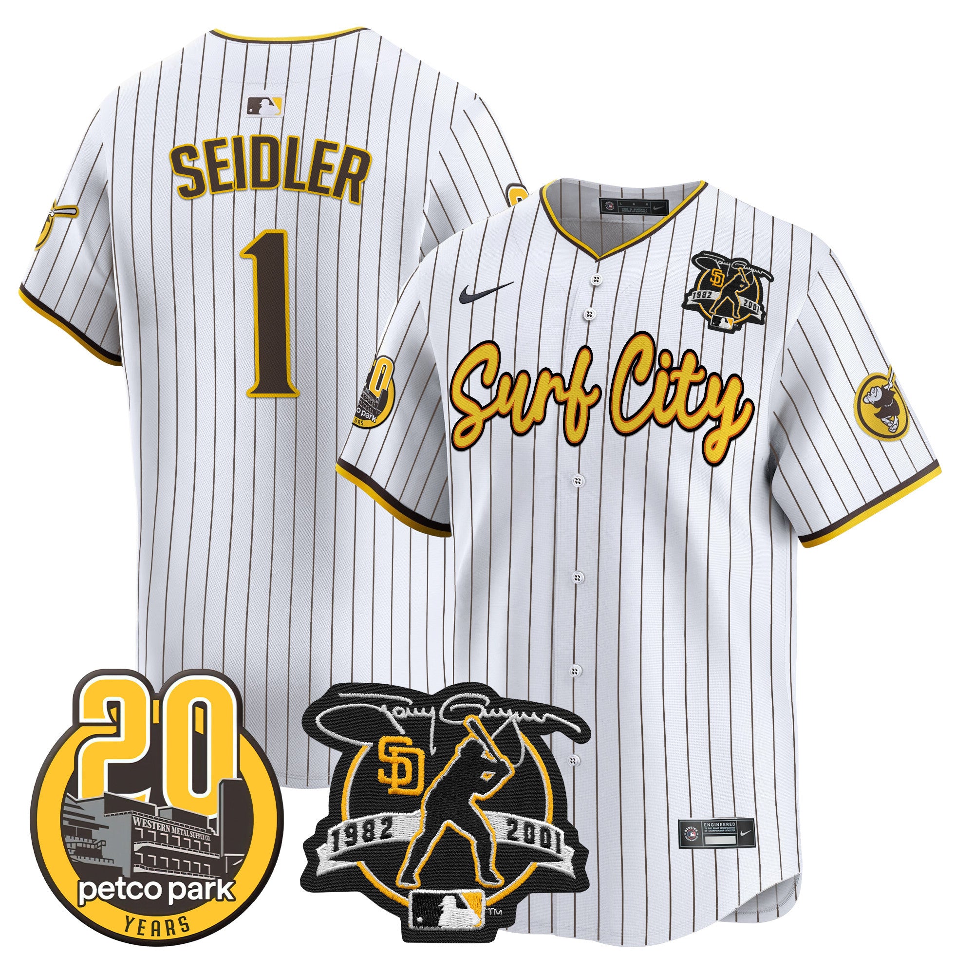 Men's Padres Tony Gwynn & Petco Park 20th Patch Vapor Premier Limited Jersey V3 - All Stitched - Pinstripe, Peter Seidler