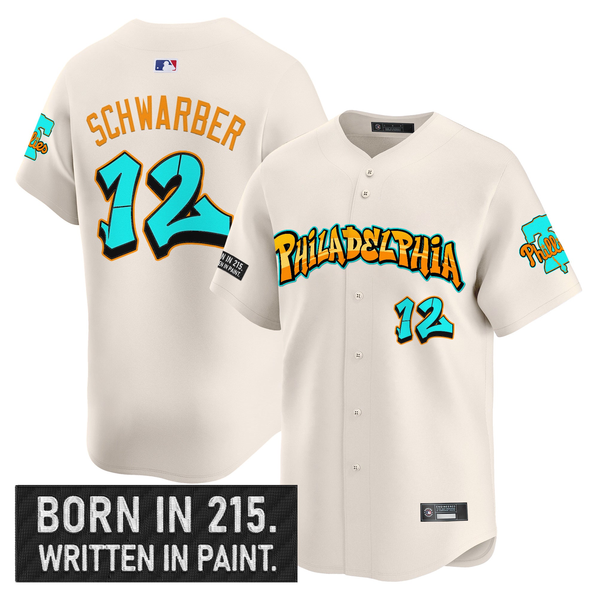 Men's Philadelphia Phillies 'Graffiti Broad Street Edition 'Vapor Premier Limited Jersey V2 - All Stitched - Cream, Kyle Schwarber