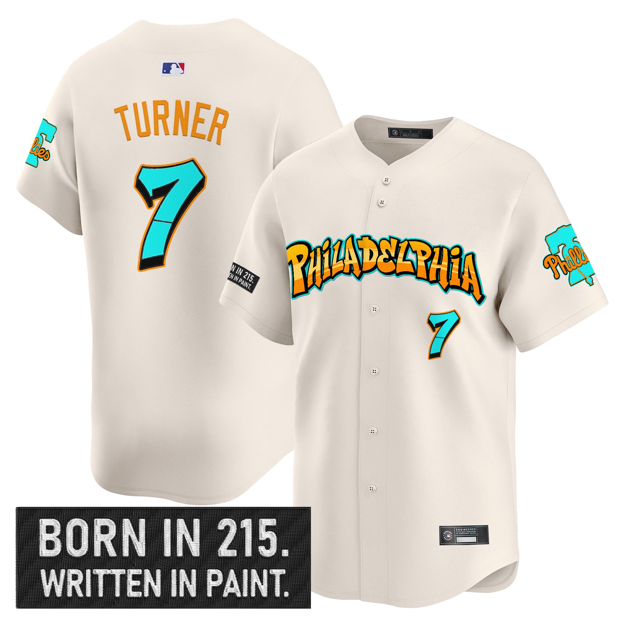 Men's Philadelphia Phillies 'Graffiti Broad Street Edition 'Vapor Premier Limited Jersey V2 - All Stitched - Cream, Trea Turner