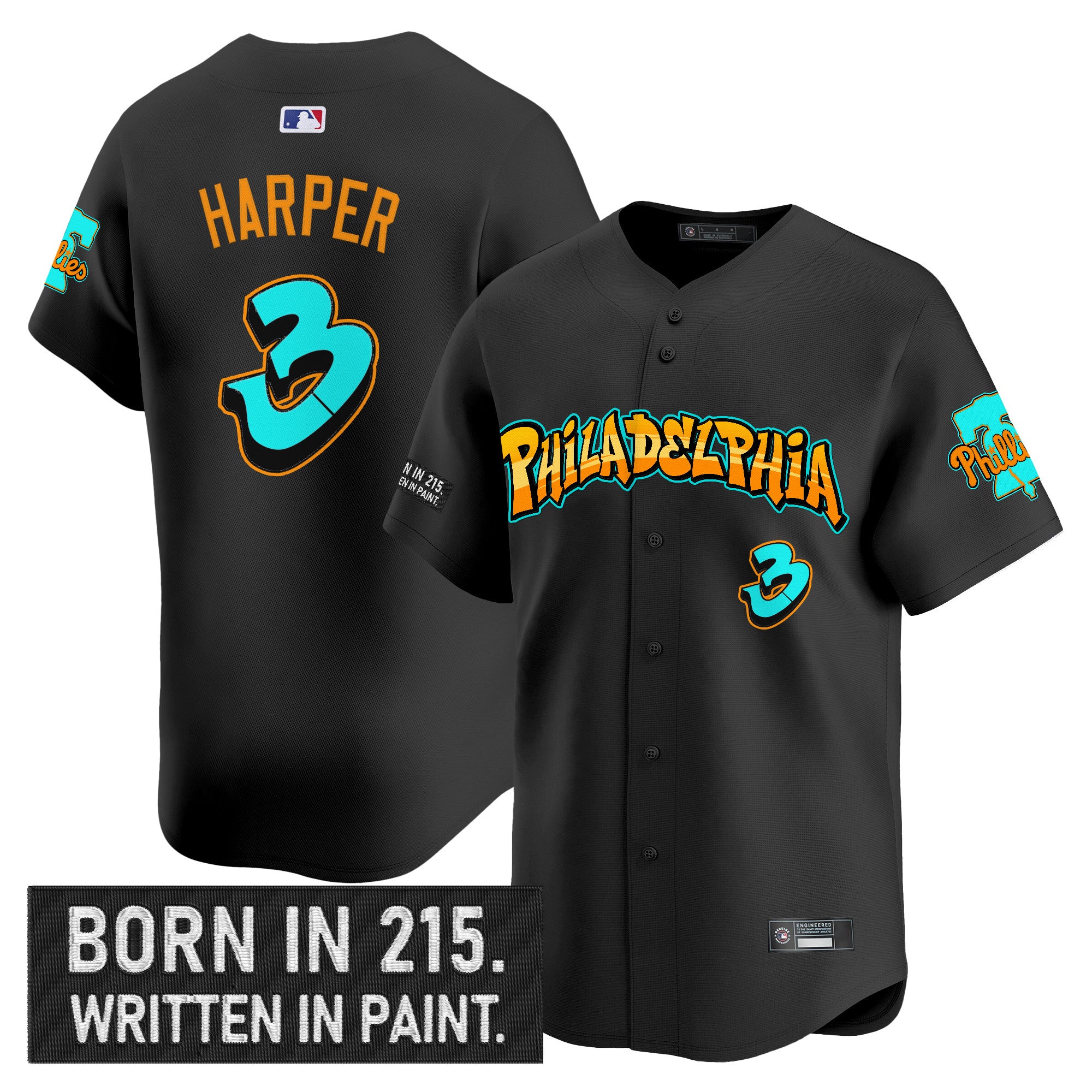 Men's Philadelphia Phillies 'Graffiti Broad Street Edition 'Vapor Premier Limited Jersey V2 - All Stitched - Black, Bryce Harper