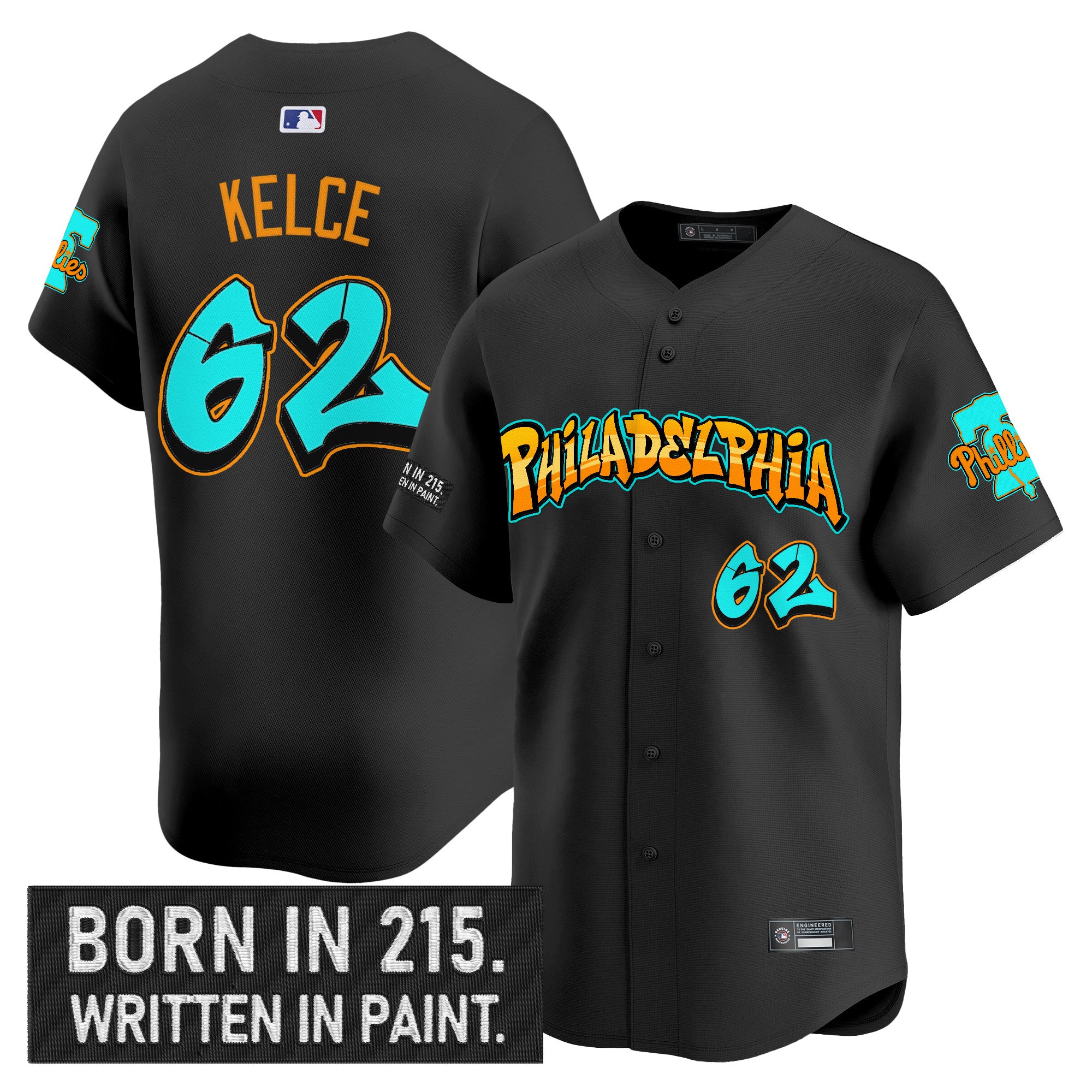 Men's Philadelphia Phillies 'Graffiti Broad Street Edition 'Vapor Premier Limited Jersey V2 - All Stitched - Black, Jason Kelce