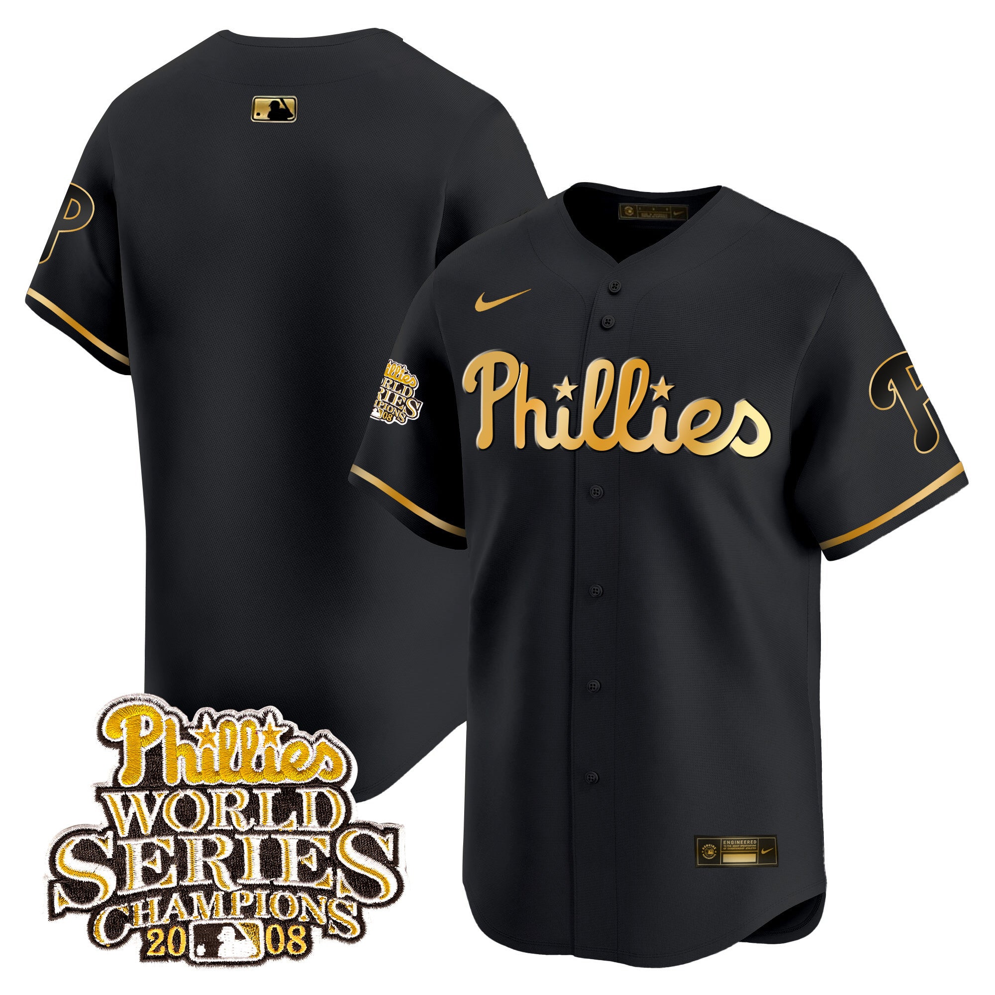 Men's Phillies 2008 World Series Champions Patch Vapor Premier Limited Jersey - All Stitched - Black Gold, Team